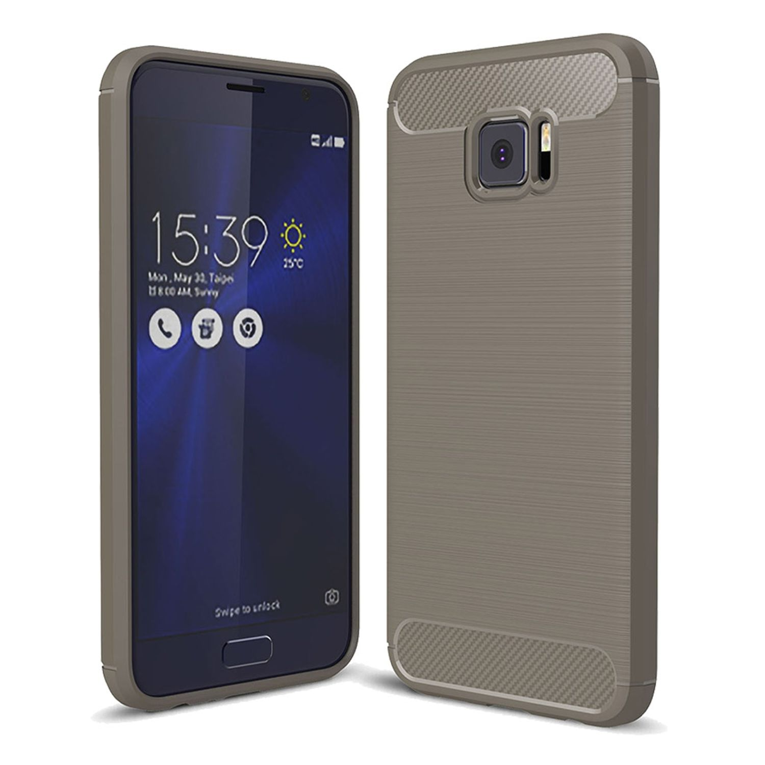 Ein Telefon und eine Hülle. Das Telefon zeigt die Uhrzeit an. Die Hülle ist grau und hat Carbon.
