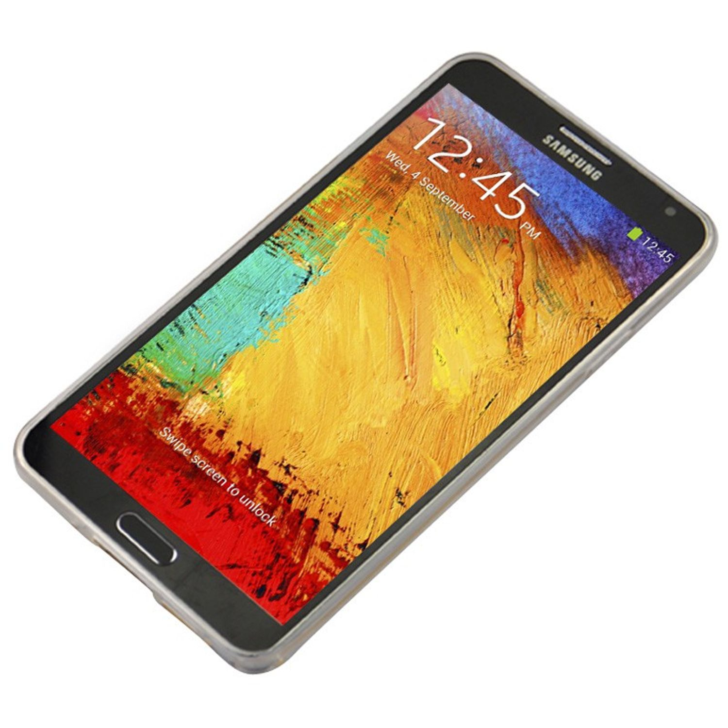 Samsung Smartphone mit farbenfrohem, abstrakten Kunst-Display, das die Uhrzeit 12:45 Uhr am 4. September anzeigt.