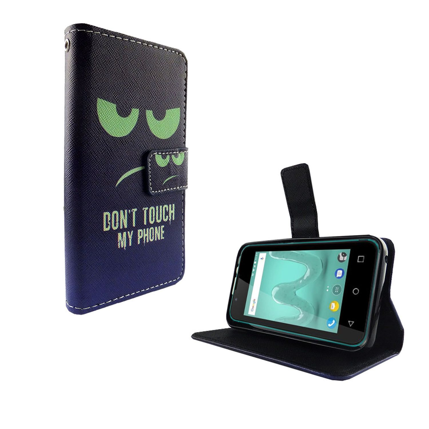Schwarze Handyhülle mit grünem, wütendem Gesicht und Text 'DON'T TOUCH MY PHONE'.