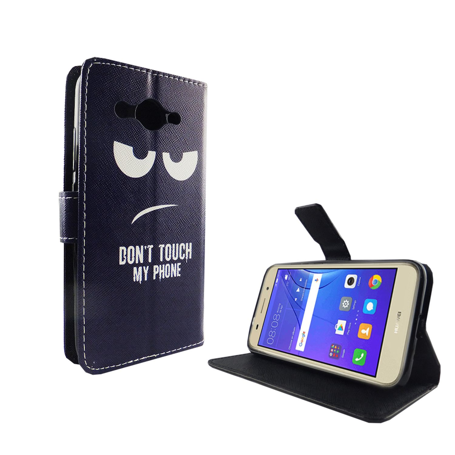 Eine dunkelblaue Handyhülle mit einem Gesicht und den Worten „Don't touch my phone“. Ein Telefon ist in der Hülle.