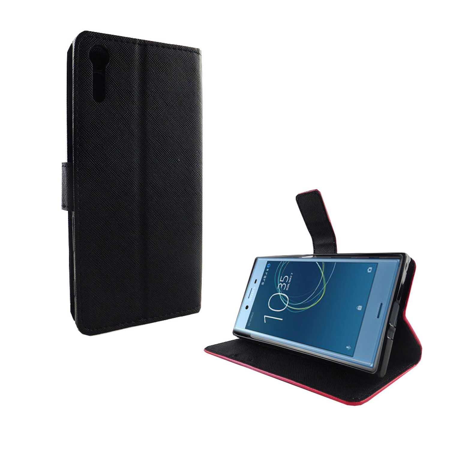 Schwarze Handyhülle und Telefon auf weißer Oberfläche, mit Telefonbildschirm.