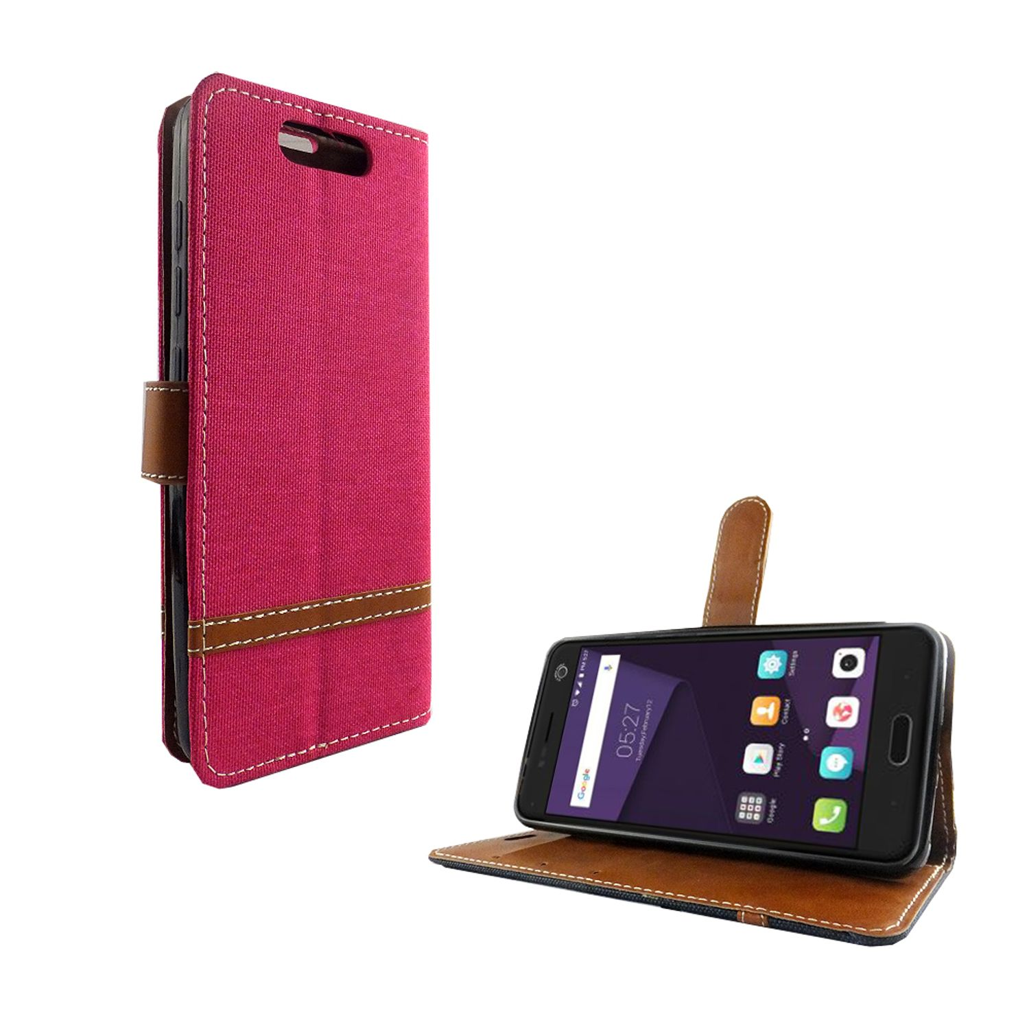 Rote Handyhülle mit braunem Streifen und einem Telefon darin. Das Telefon ist in der Hülle aufgestellt.