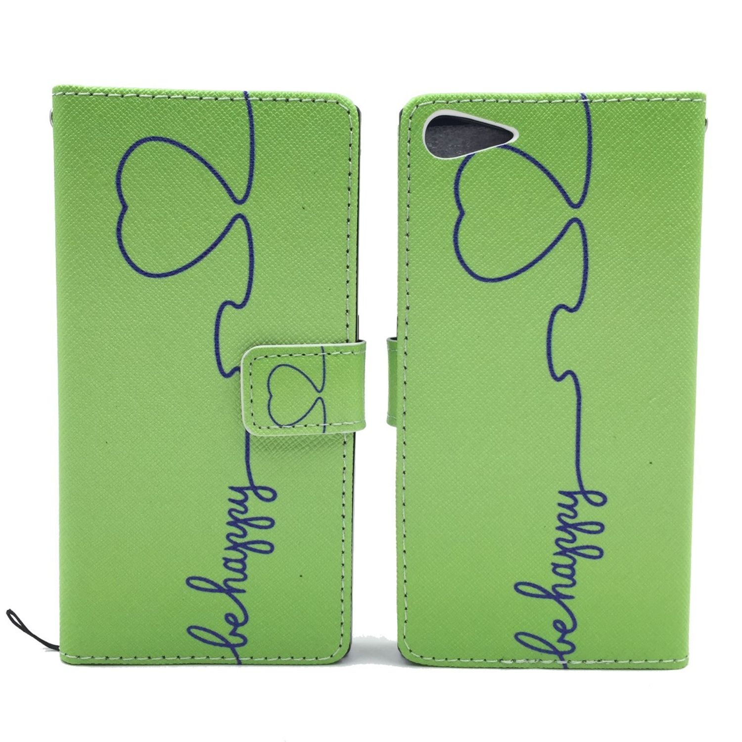 Grüne Handyhülle mit Herzdesign und dem Text 'be happy'. Weißer Hintergrund.