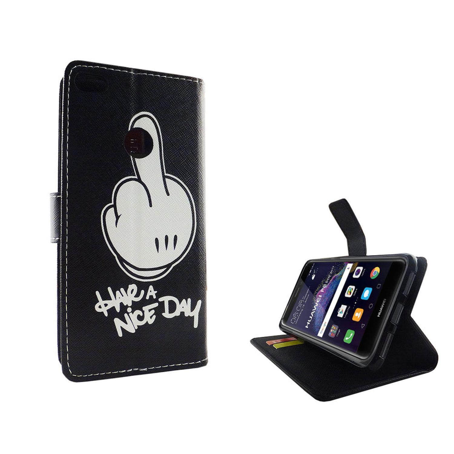 Schwarze Handyhülle mit Mittelfinger-Geste. Text: HAB EINEN SCHÖNEN TAG.