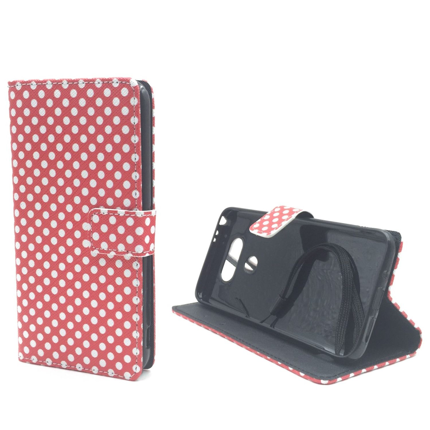 Rote Handyhülle mit Polka Dots. Offene Hülle, die ein Telefon hält. Weißer Hintergrund.