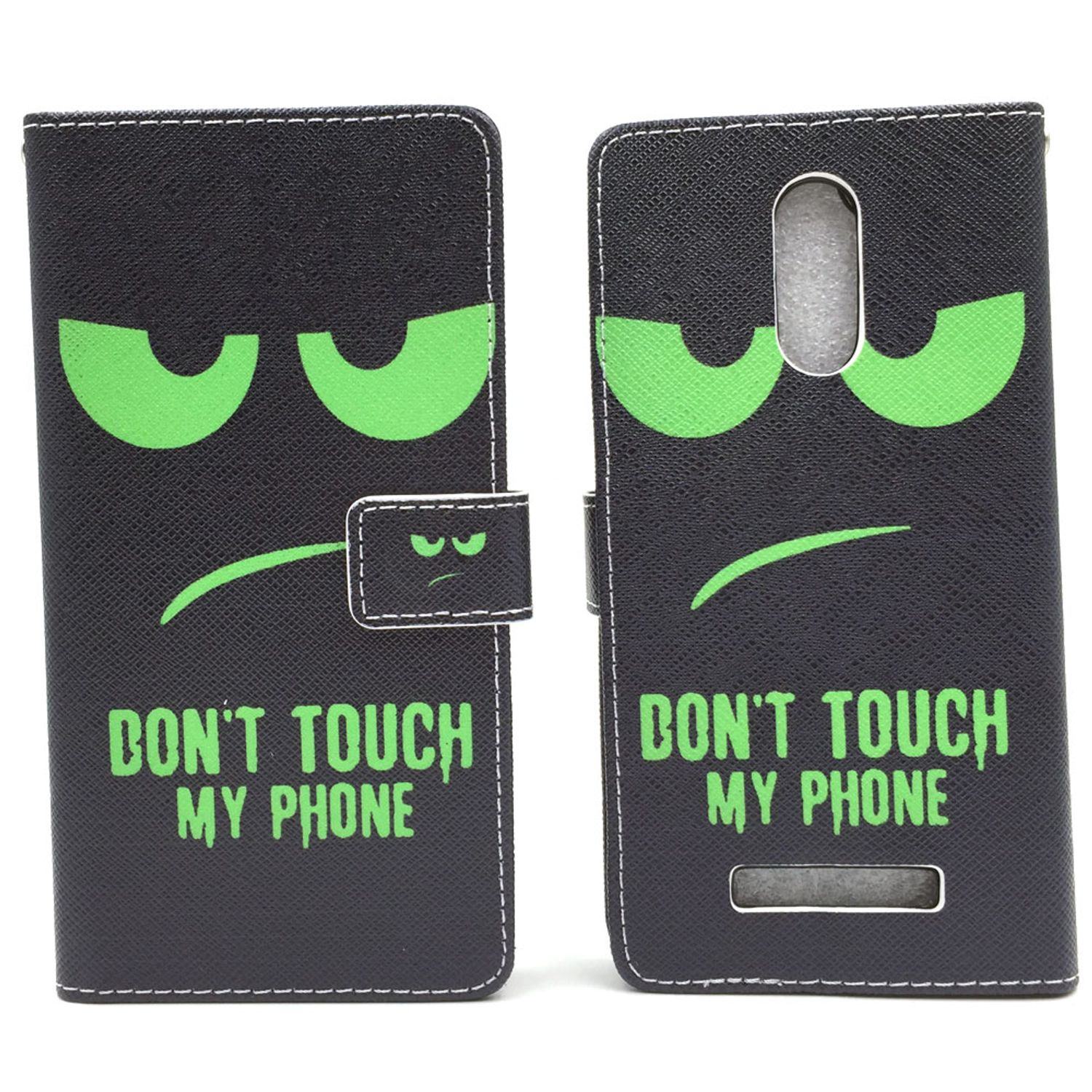 Eine schwarze Handyhülle mit grünen Augen und dem Text "Don't touch my phone". Die Hülle ist geöffnet.