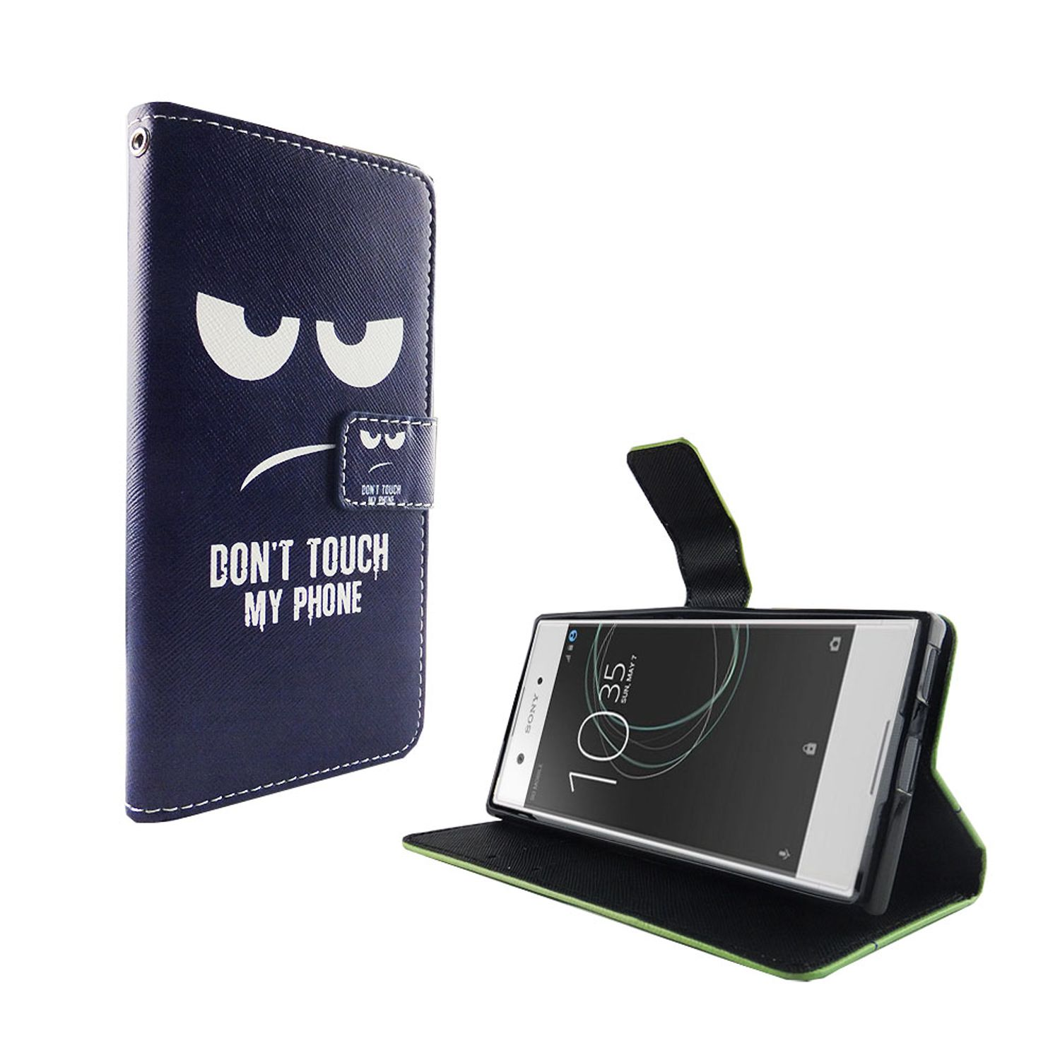 Blaue Handyhülle mit grimmigem Gesicht und Text 'DON'T TOUCH MY PHONE'. Telefon innen. Weißer Hintergrund.