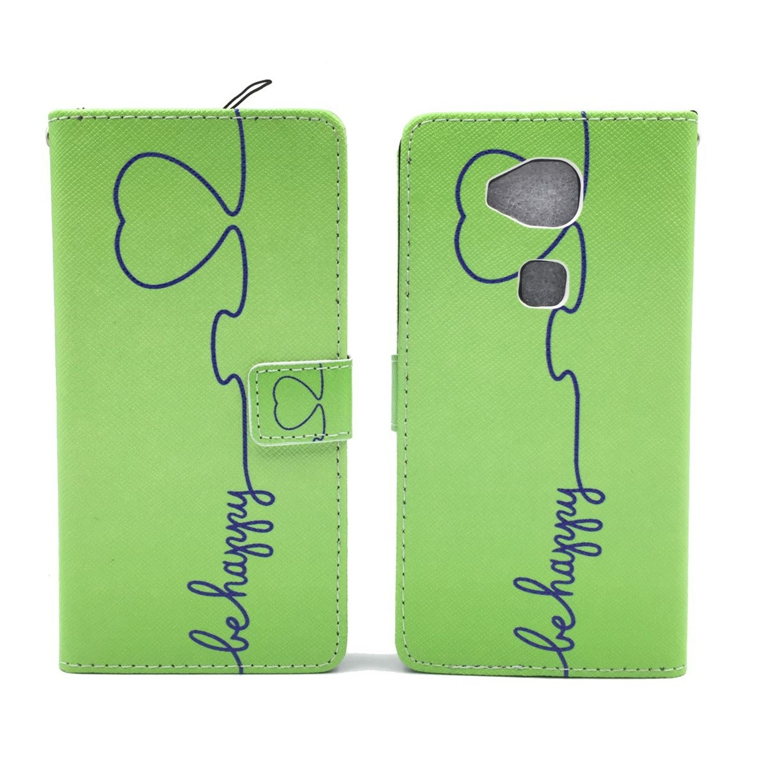 Eine grüne Handyhülle mit Herzdesign und den Worten 'be happy'.