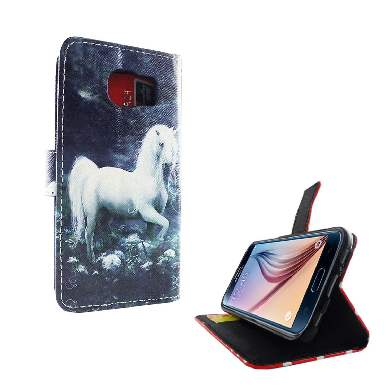 Handyhülle mit einem Einhorn-Bild. Telefon befindet sich in einer aufrechten Position.