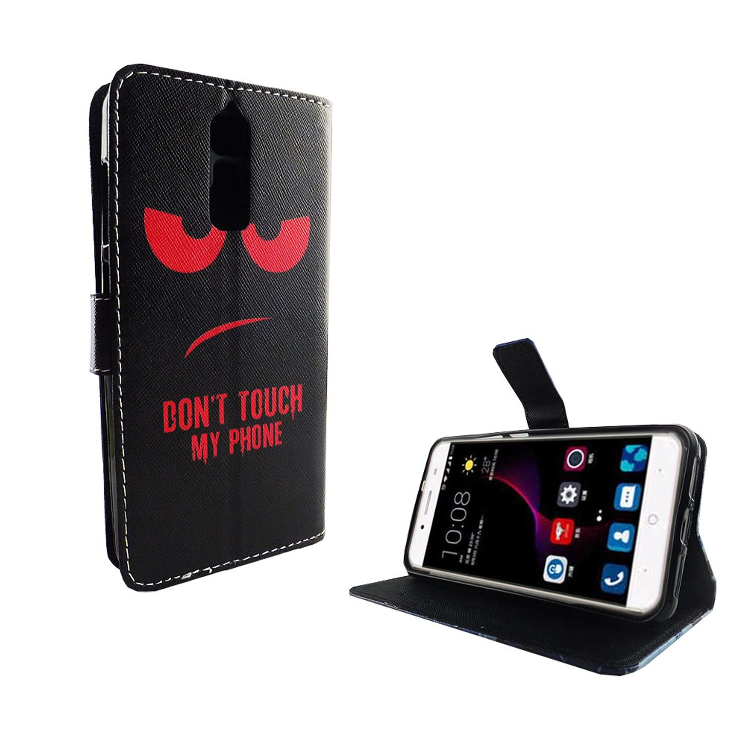 Schwarze Handyhülle mit einem wütenden Gesicht und den Worten 'DON'T TOUCH MY PHONE'.