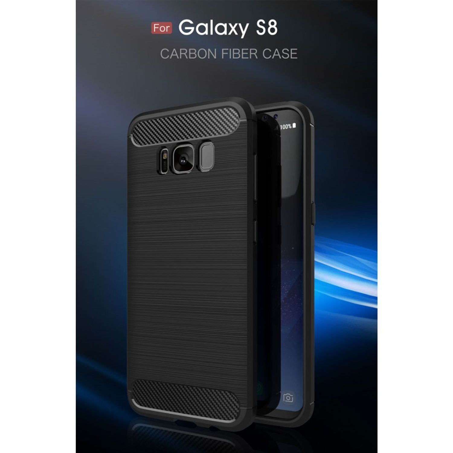 Schwarze Carbonfaser-Handyhülle für ein Galaxy S8. Das Telefon ist teilweise sichtbar.