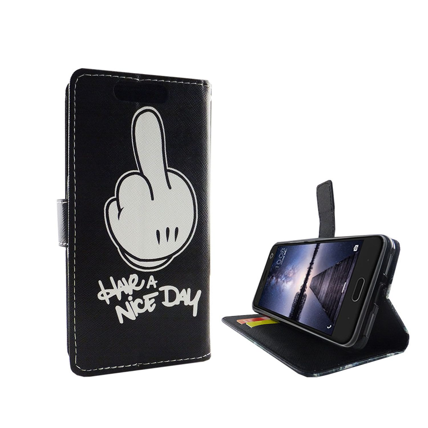 Schwarze Handyhülle mit Handgrafik und Text. Telefon ist im Gehäuse, geöffnet um Bildschirm zu zeigen.
