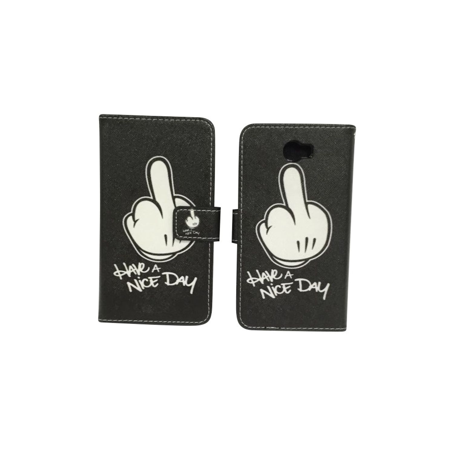 Schwarze Handyhülle, weißer Mittelfinger-Grafik, Text 'Have a nice day'.