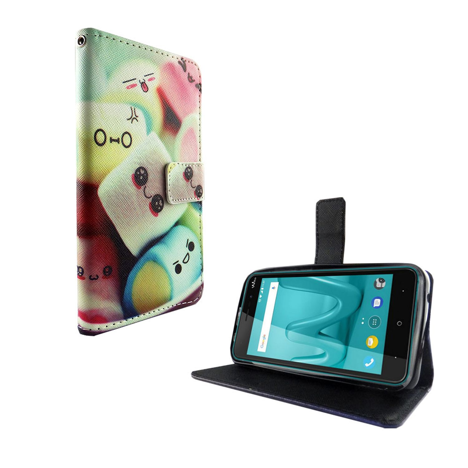 Handyhülle mit Marshmallow-Design. Telefon in der Hülle und eine offene Hülle.