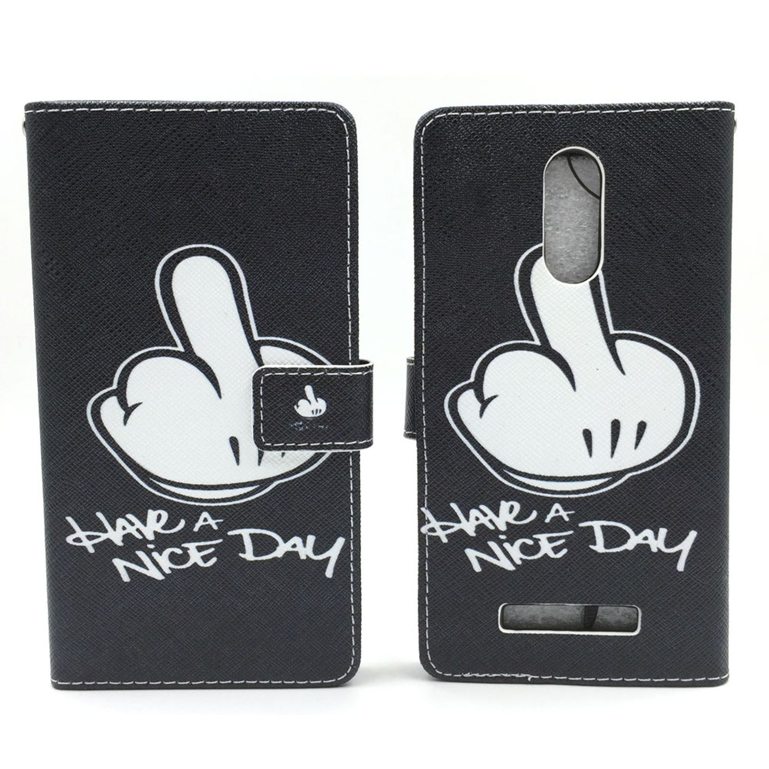 Schwarze Handyhülle mit Mittelfinger-Design und Text "Have a nice day". Weißer Hintergrund.