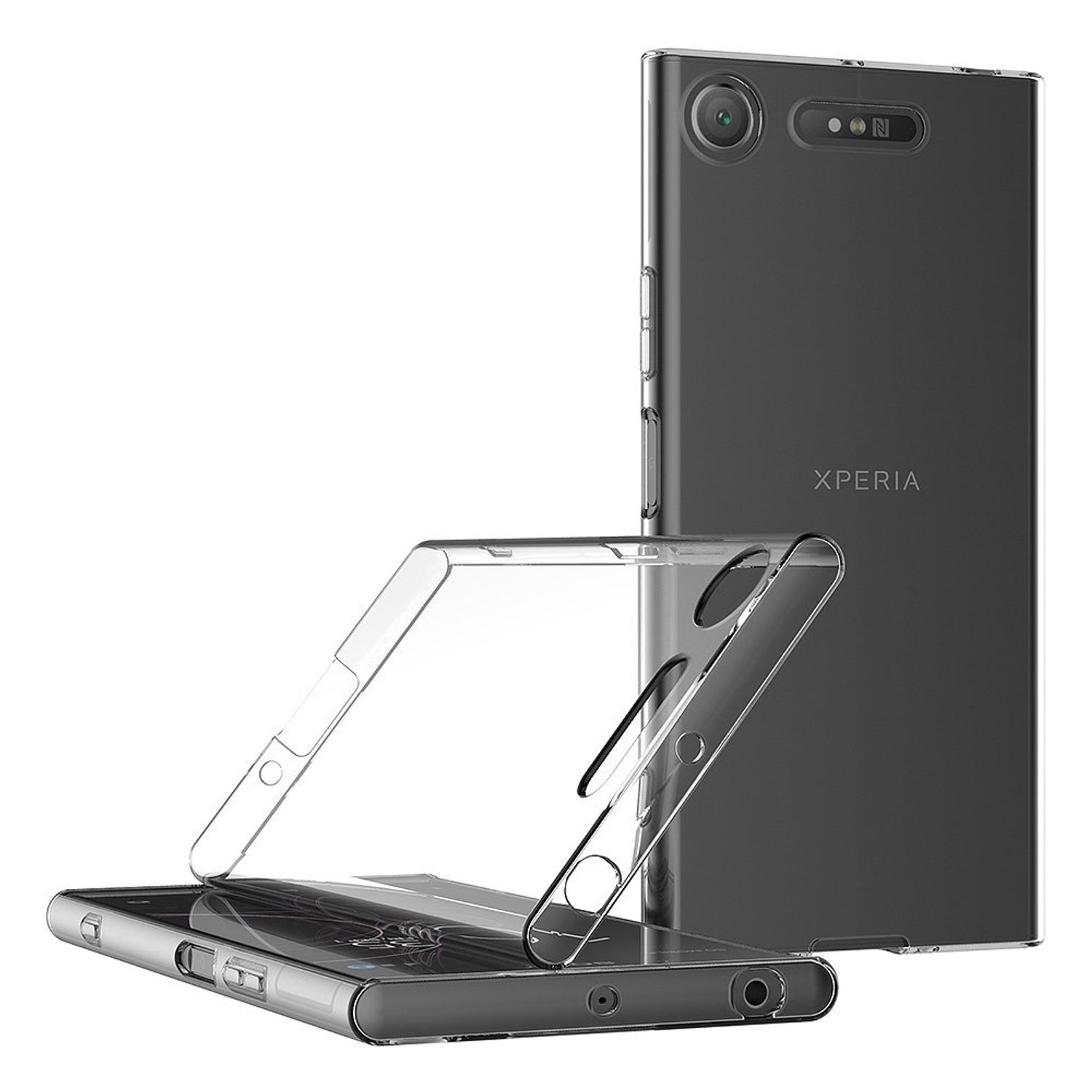 Transparente Handyhülle über dunklem Telefon. Telefon mit Hülle. Kamera sichtbar. Weißer Hintergrund.