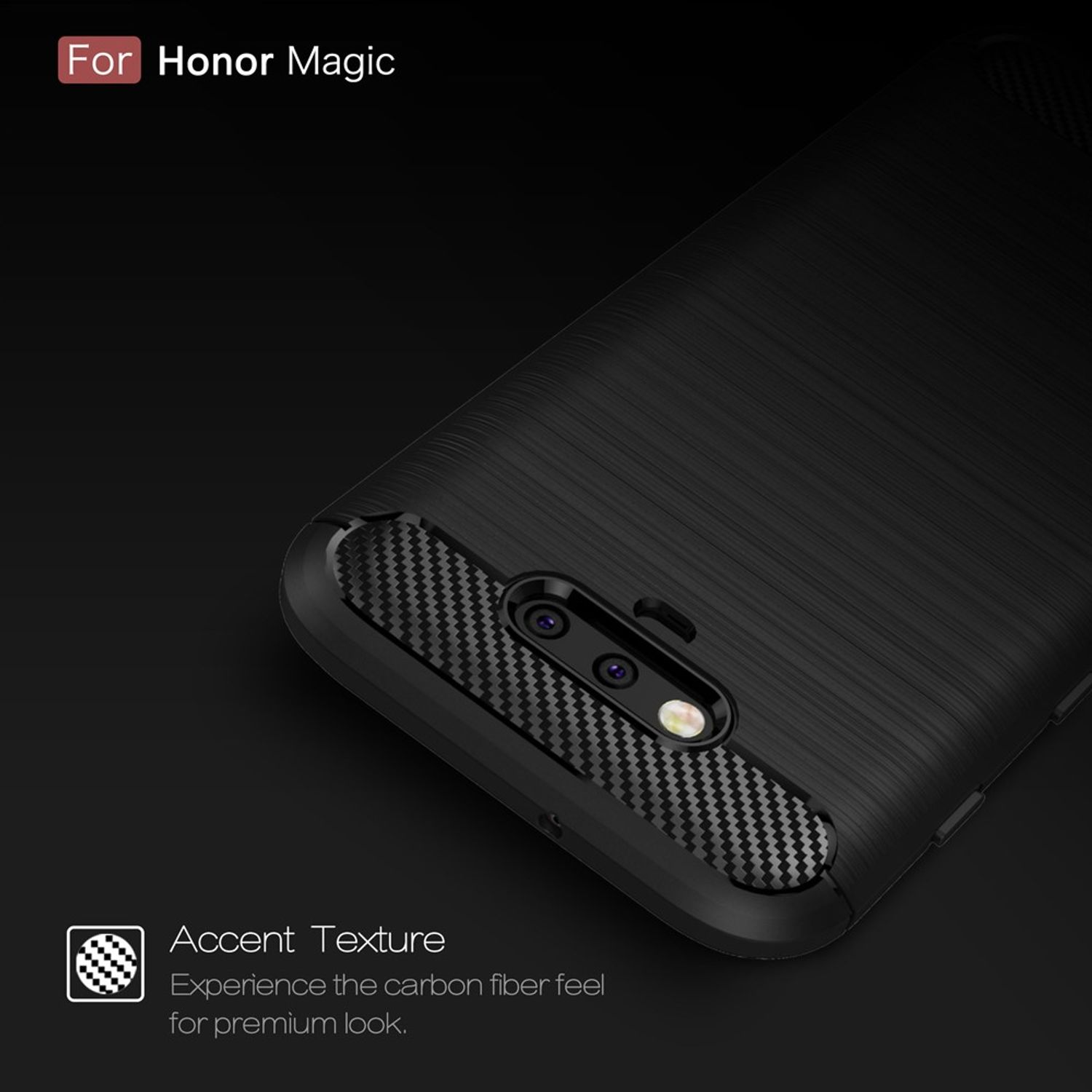 Eine schwarze Handyhülle für Honor Magic, mit Karbonfaserstruktur und Kameraausschnitt.