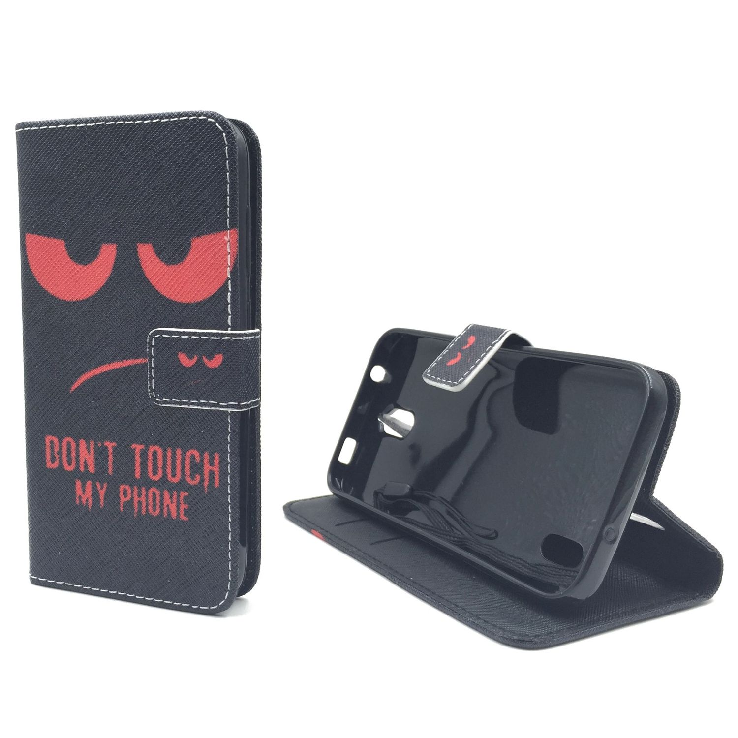 Schwarze Handyhülle mit rotem wütenden Gesicht und Text 'DON'T TOUCH MY PHONE'. Weißer Hintergrund.