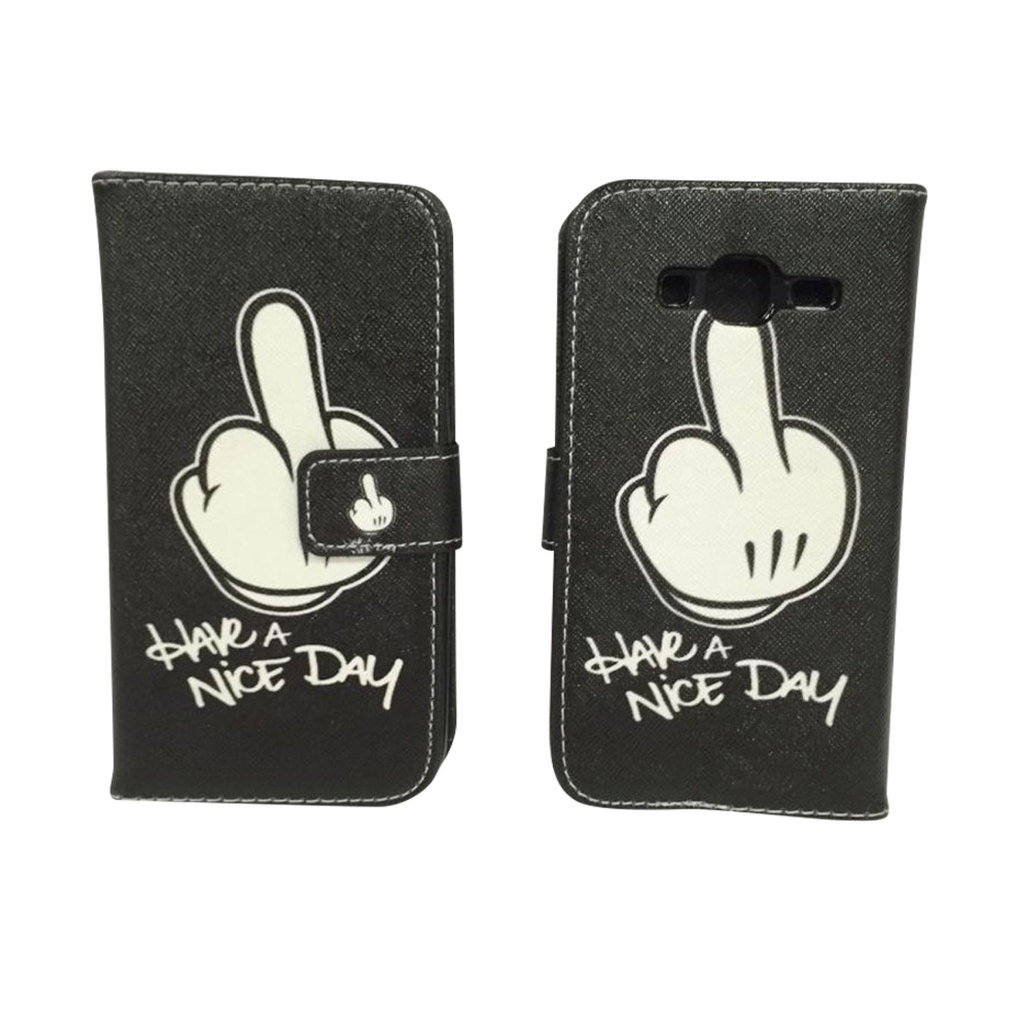 Schwarze Handyhülle mit Mittelfinger-Grafik und dem Text "HAVE A NICE DAY". Geöffnete und geschlossene Ansichten.