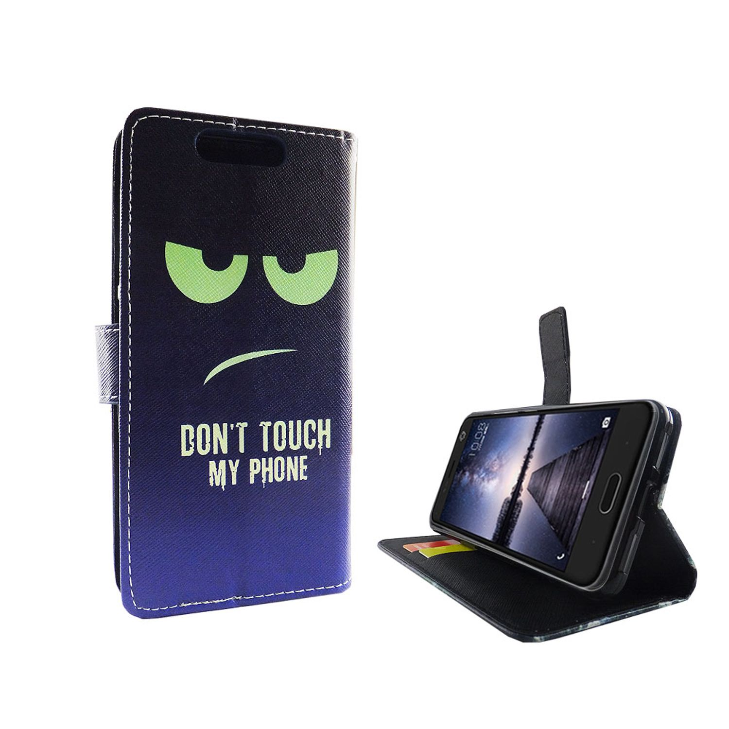 Eine Handyhülle mit einem missmutigen Gesicht und den Worten „BERÜHREN SIE MEIN HANDY NICHT“. Die Hülle ist dunkelblau.