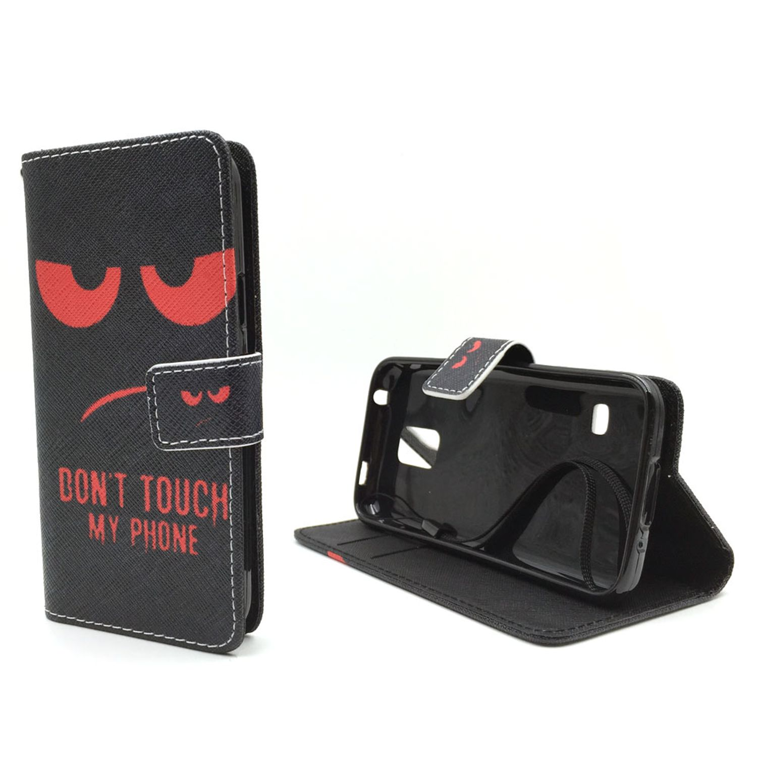 Schwarze Handyhülle mit wütendem Gesicht, Text "DON'T TOUCH MY PHONE". Offene Hülle mit Telefon. Weißer Hintergrund.