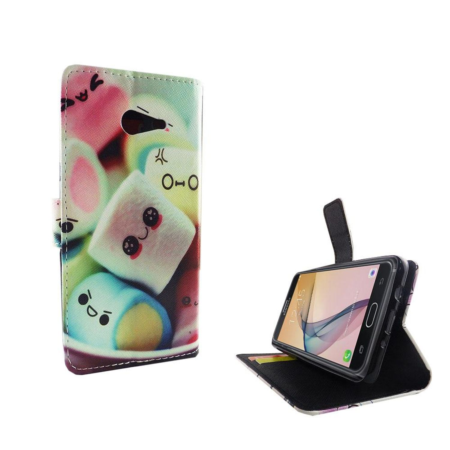 Eine Handyhülle mit Cartoon-Marshmallows und einem Telefon darin, wobei der Bildschirm Apps anzeigt.