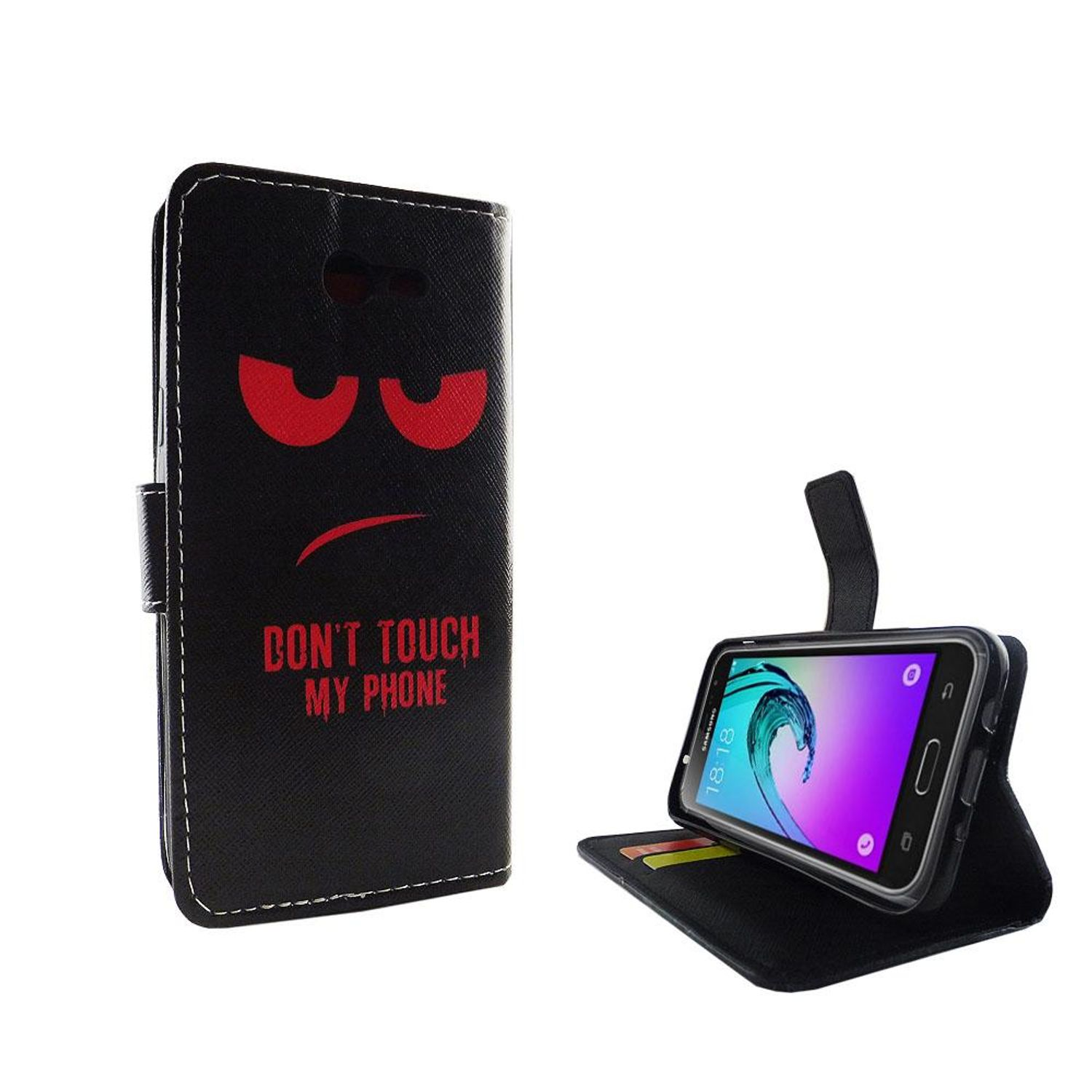 Schwarze Handyhülle mit rotem wütenden Gesicht und Text: 'DON'T TOUCH MY PHONE'. Geöffnete Hülle mit Telefon.