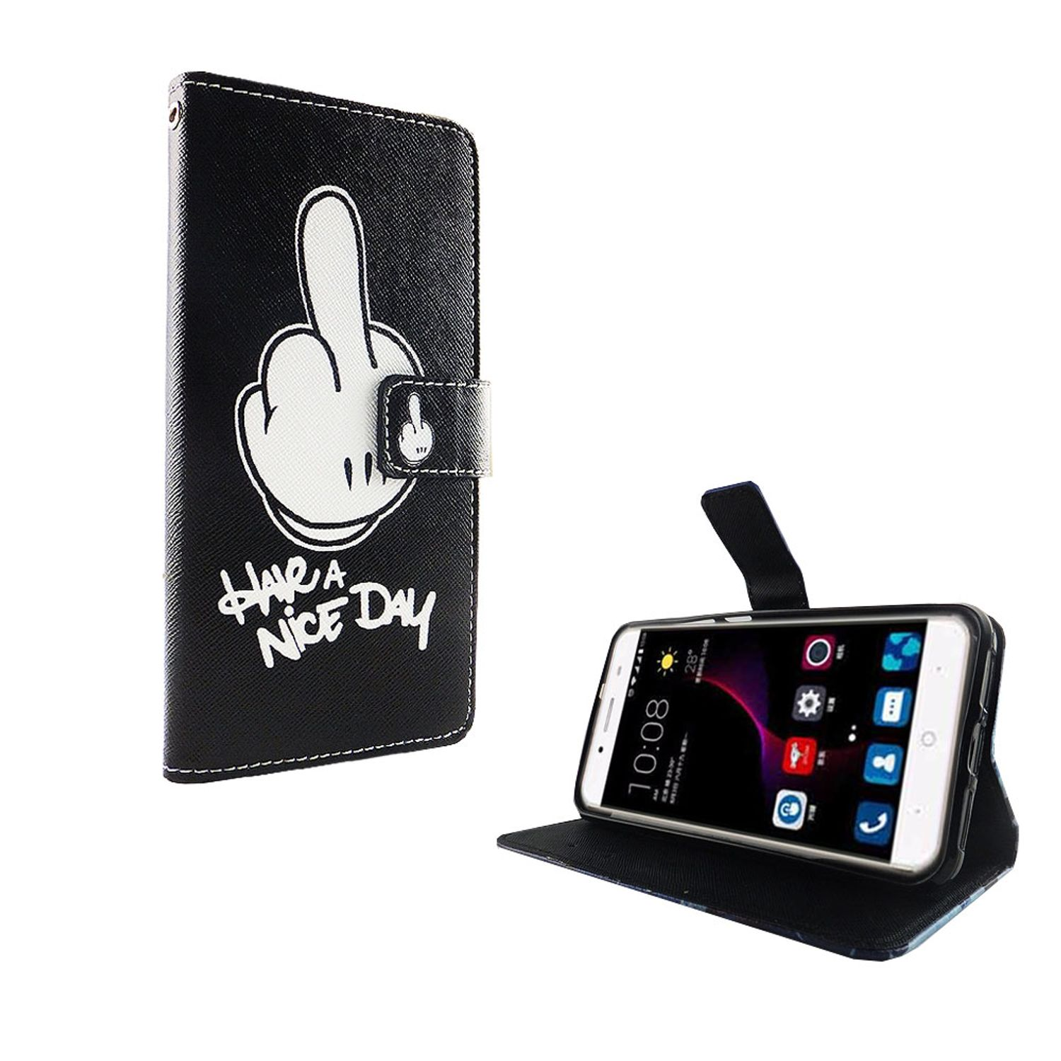 Schwarze Handyhülle mit Mittelfinger-Design und 'Have a Nice Day'. Telefon ist drin. Weißer Hintergrund.