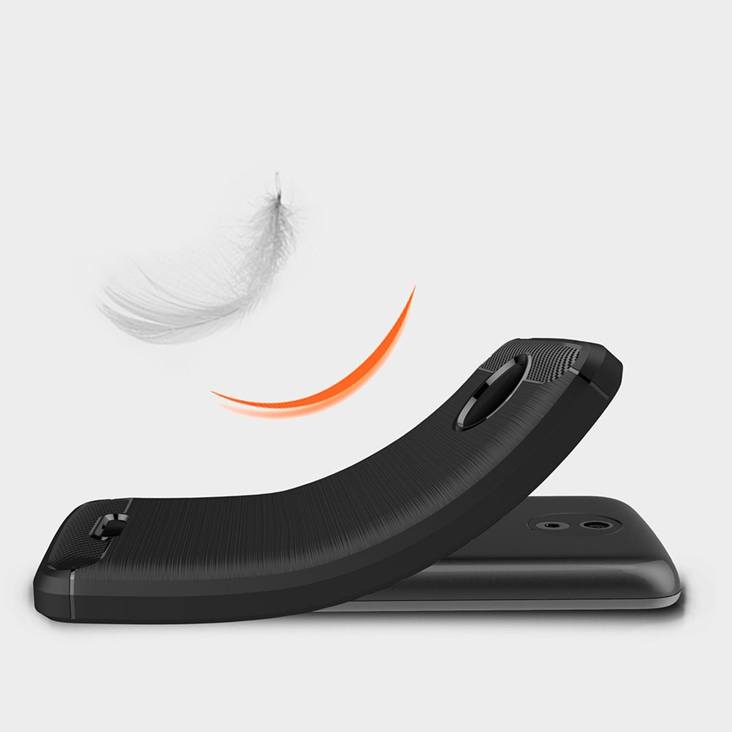 Eine schwarze Handyhülle ist leicht gebogen, mit einer gebogenen orangefarbenen Linie und einer Feder, die darüber schwebt.