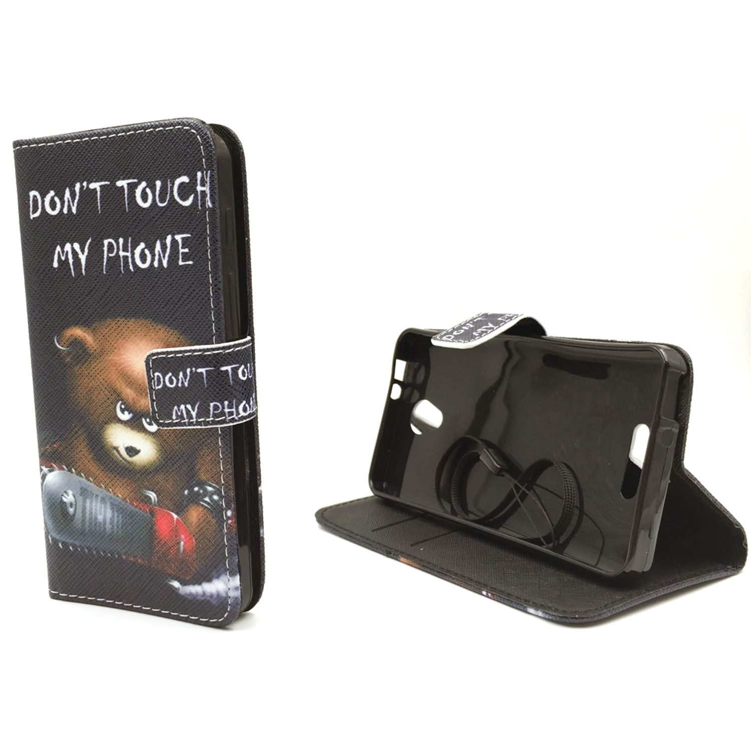 Handyhülle mit Bär mit Kettensäge. Text sagt 'DON'T TOUCH MY PHONE'. Geöffnete Hülle zeigt Telefon.