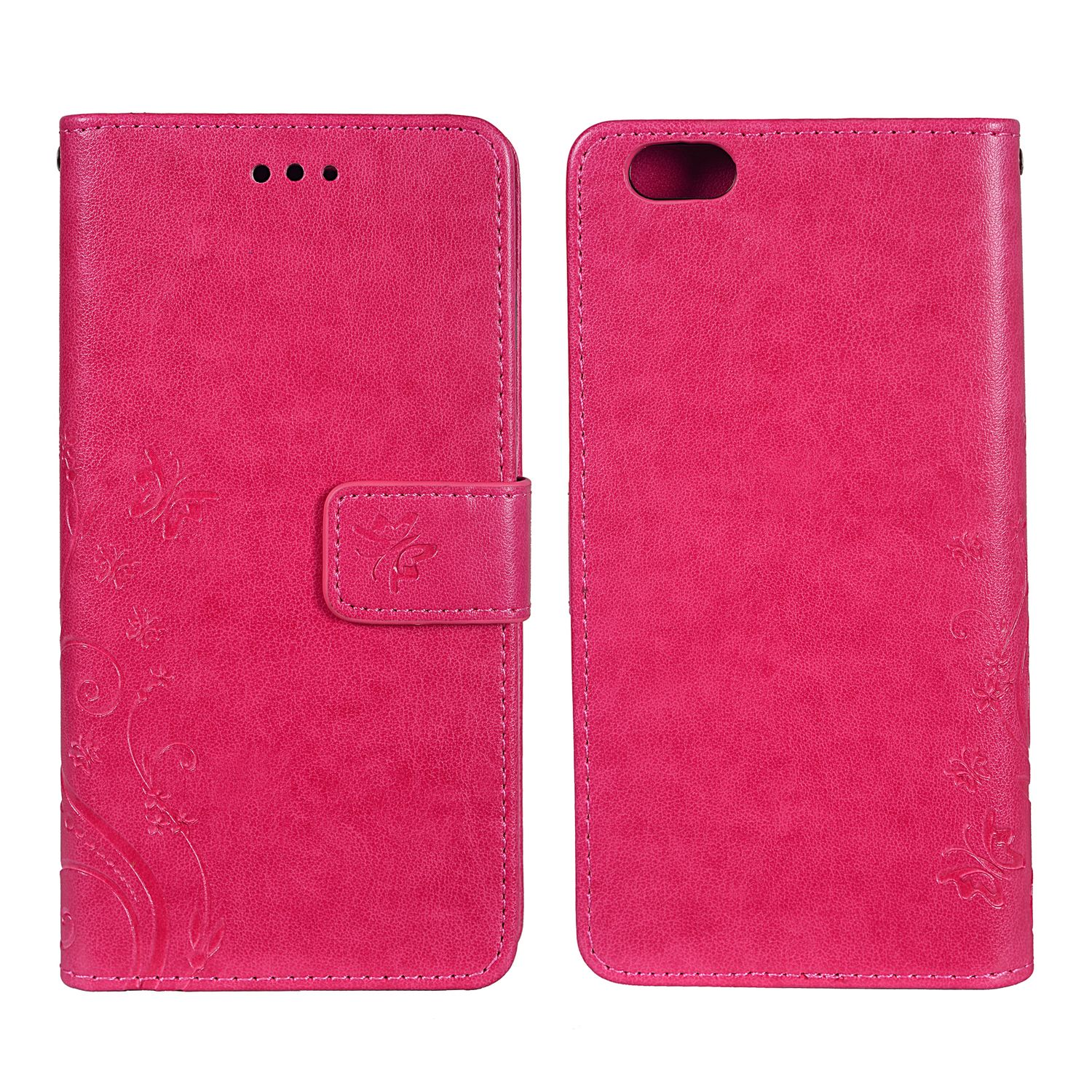 Rosa Handyhülle mit Blumendesign, offen, mit Telefonausschnitt und Blumendesign.