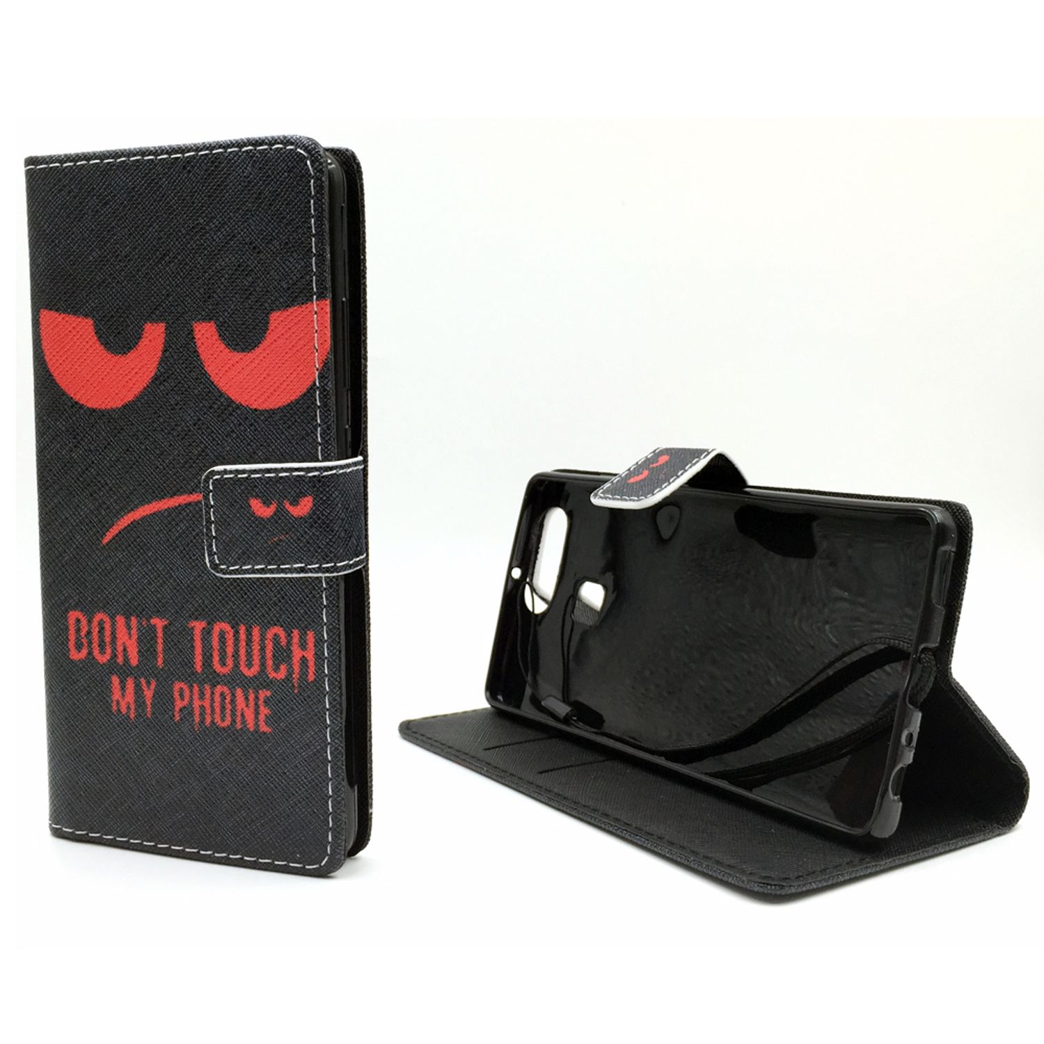 Schwarze Handyhülle mit wütendem Gesicht, Text 'DON'T TOUCH MY PHONE' und Telefon.