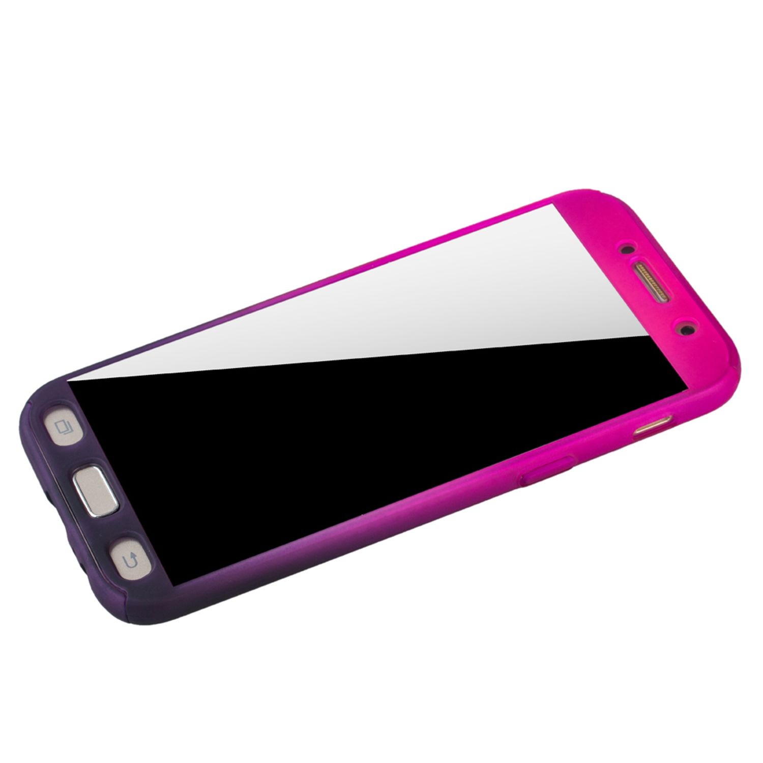 Smartphone in einer rosa-lila Hülle, mit schwarzem Bildschirm. Die Hülle ist offen.