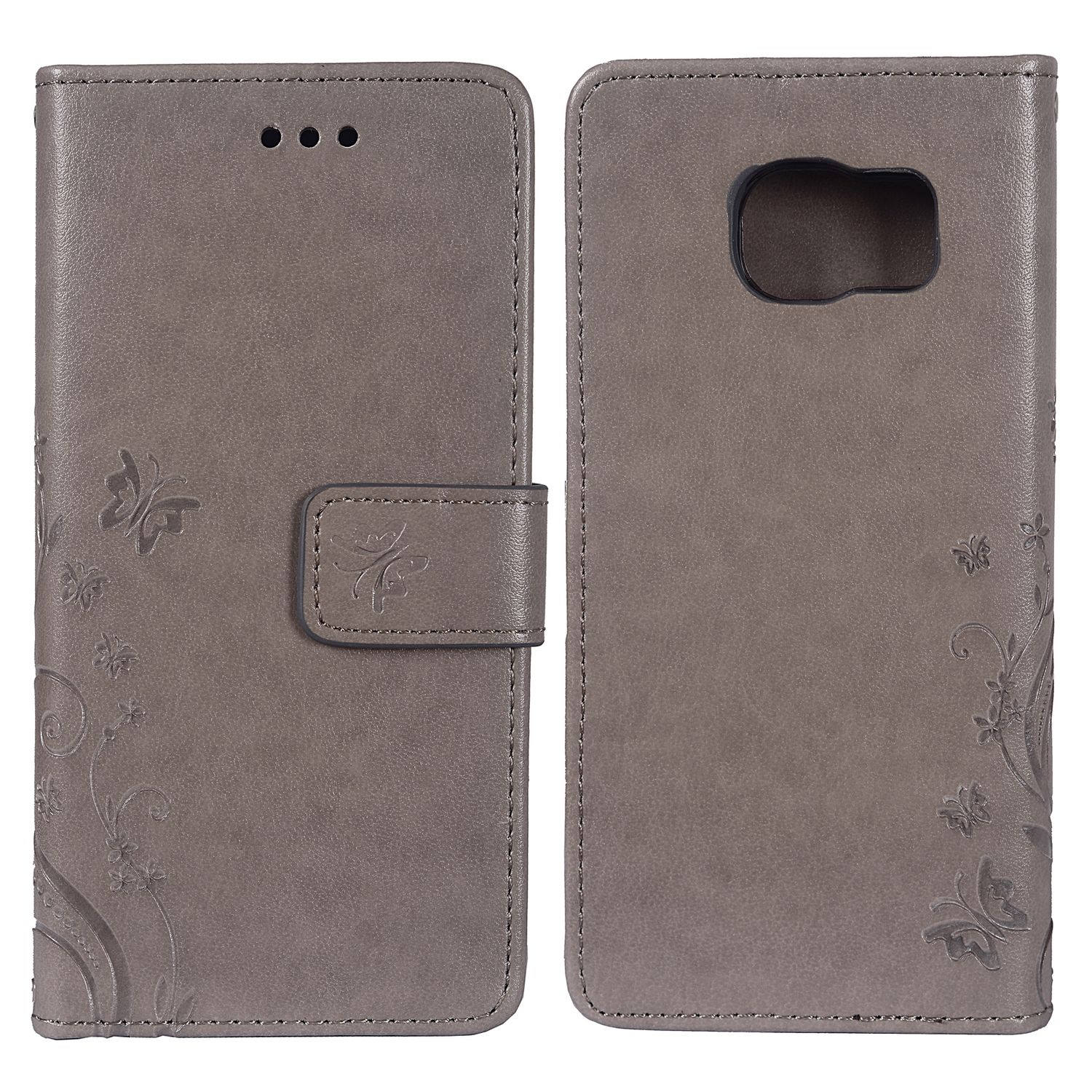 Eine graue Handyhülle mit floralem Design und einem Schmetterling. Das Telefon wird in der offenen Hülle angezeigt.