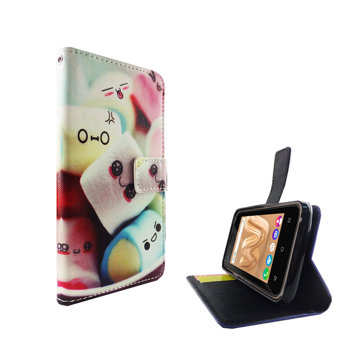 Eine Handyhülle mit Marshmallow-Figuren. Das Etui ist geöffnet und zeigt ein Telefon mit farbenfrohem Bildschirm.