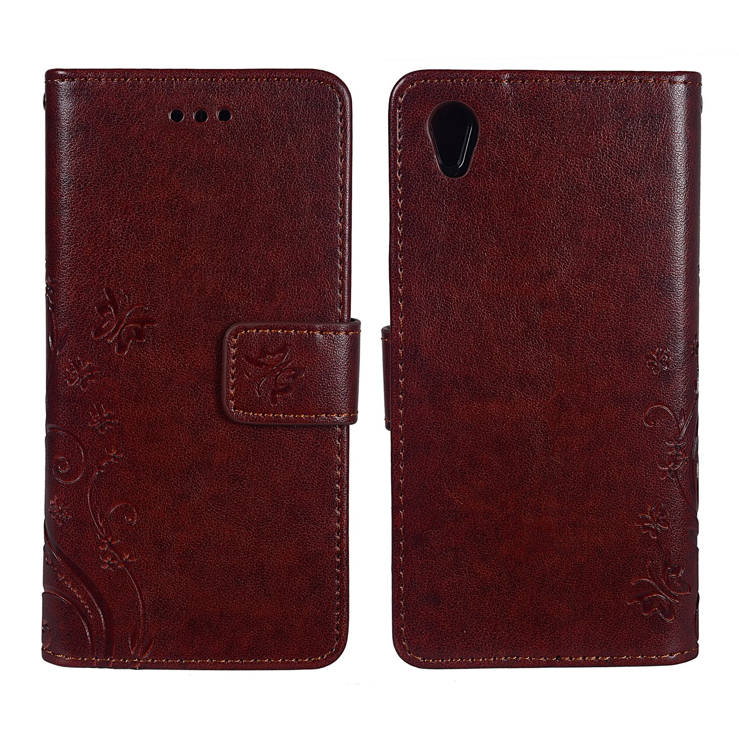 Braune Handyhülle mit floralem Design, geöffnet mit Telefon im Inneren.