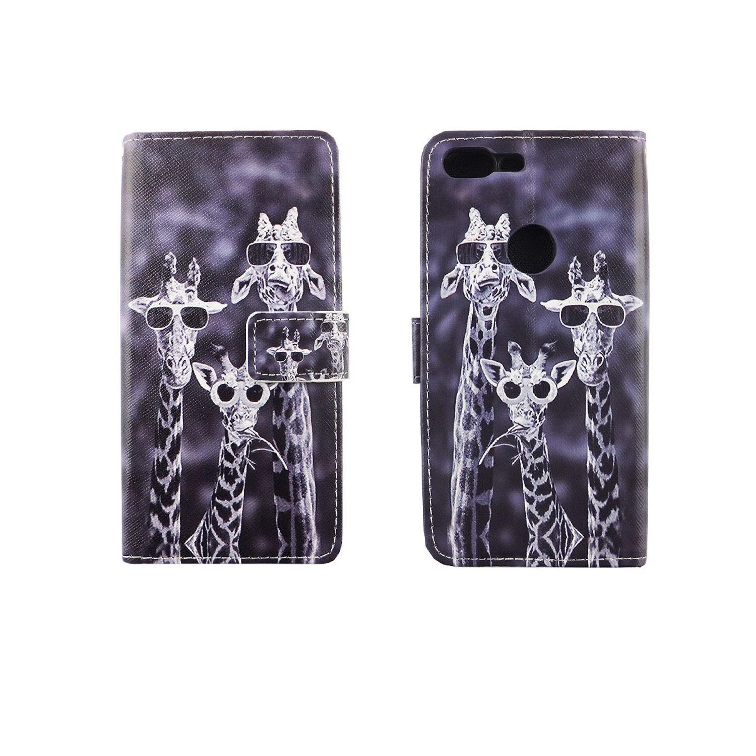 Handyhülle mit Giraffen, die Sonnenbrillen tragen. Offene Hülle zeigt den Telefonhalter. Schwarz-Weiß-Design.