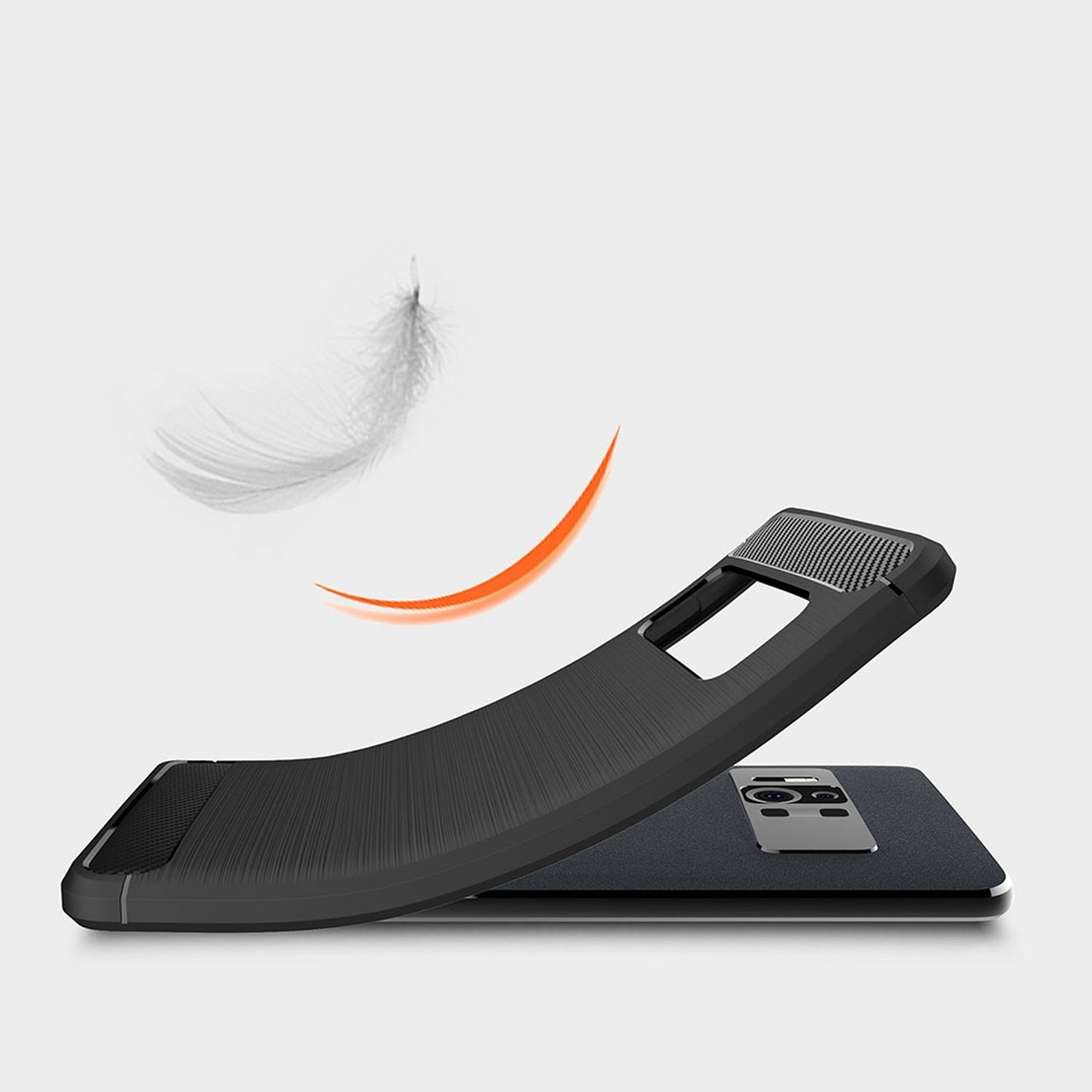 Schwarze Handyhülle, flexibel. Schwarzes Telefon liegt darin. Oranger Bogen und Feder-Grafik im Hintergrund.