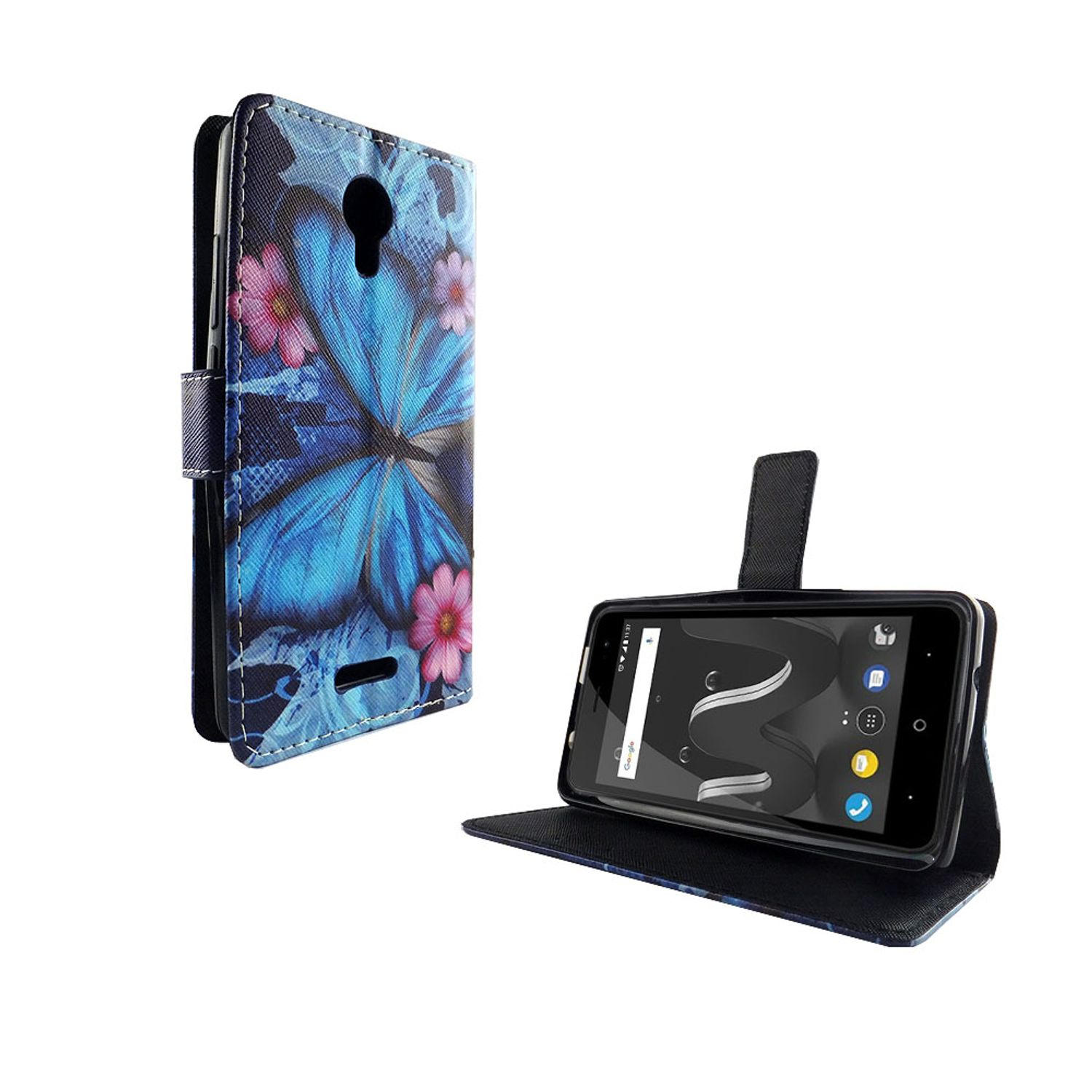 Schmetterling-Handyhülle mit Telefon. Telefon zeigt App-Symbole. Blaues Schmetterlingsdesign.