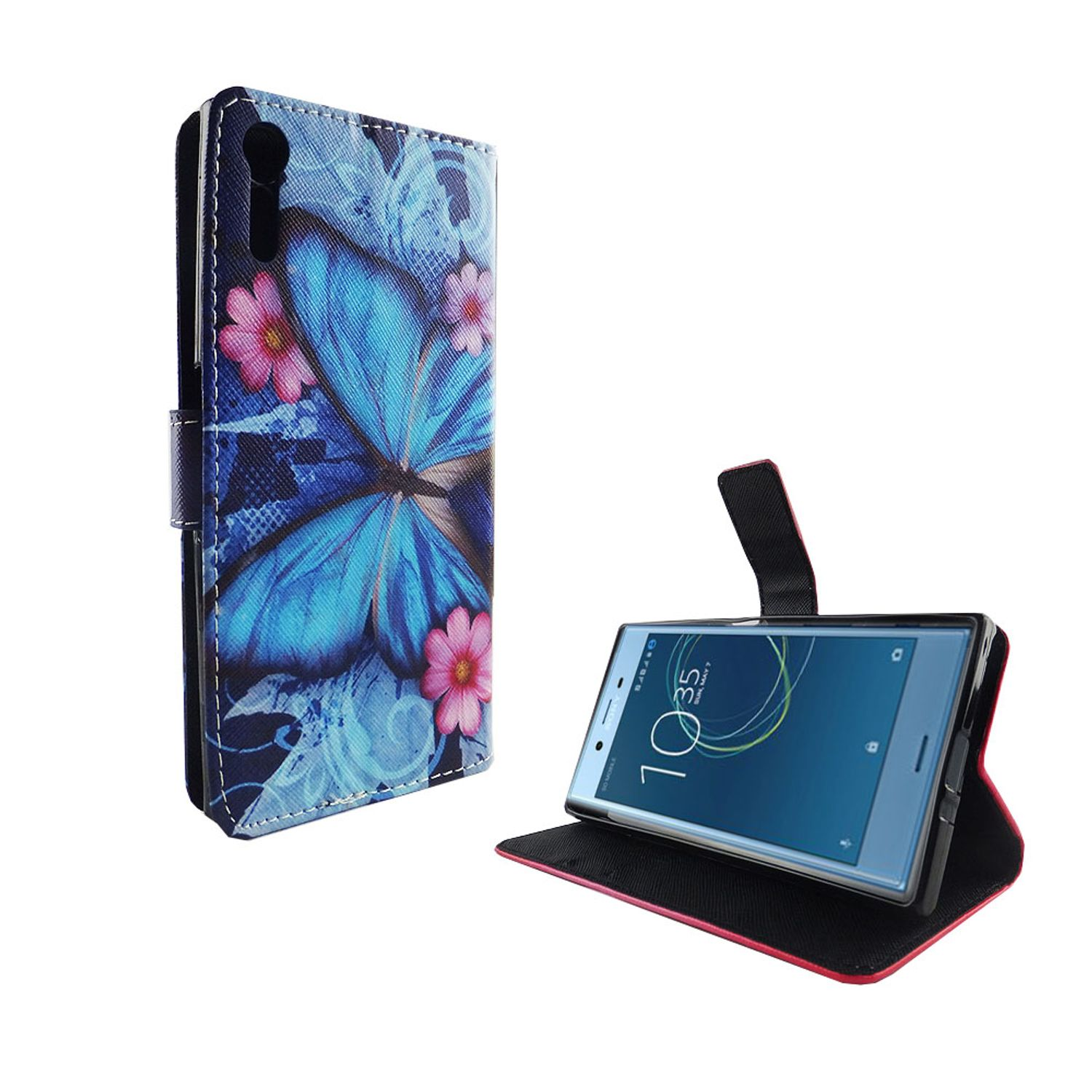 Handyhülle mit Schmetterling und Blumendesign, Telefon innen. Weißer Hintergrund.