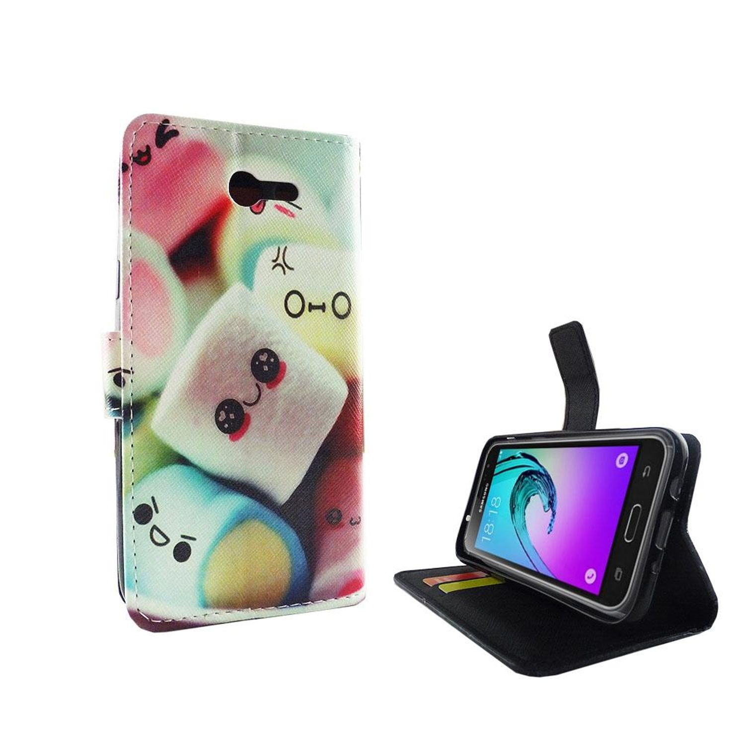Handyhülle mit Marshmallow-Design. Telefon im Etui. Weißer Hintergrund.