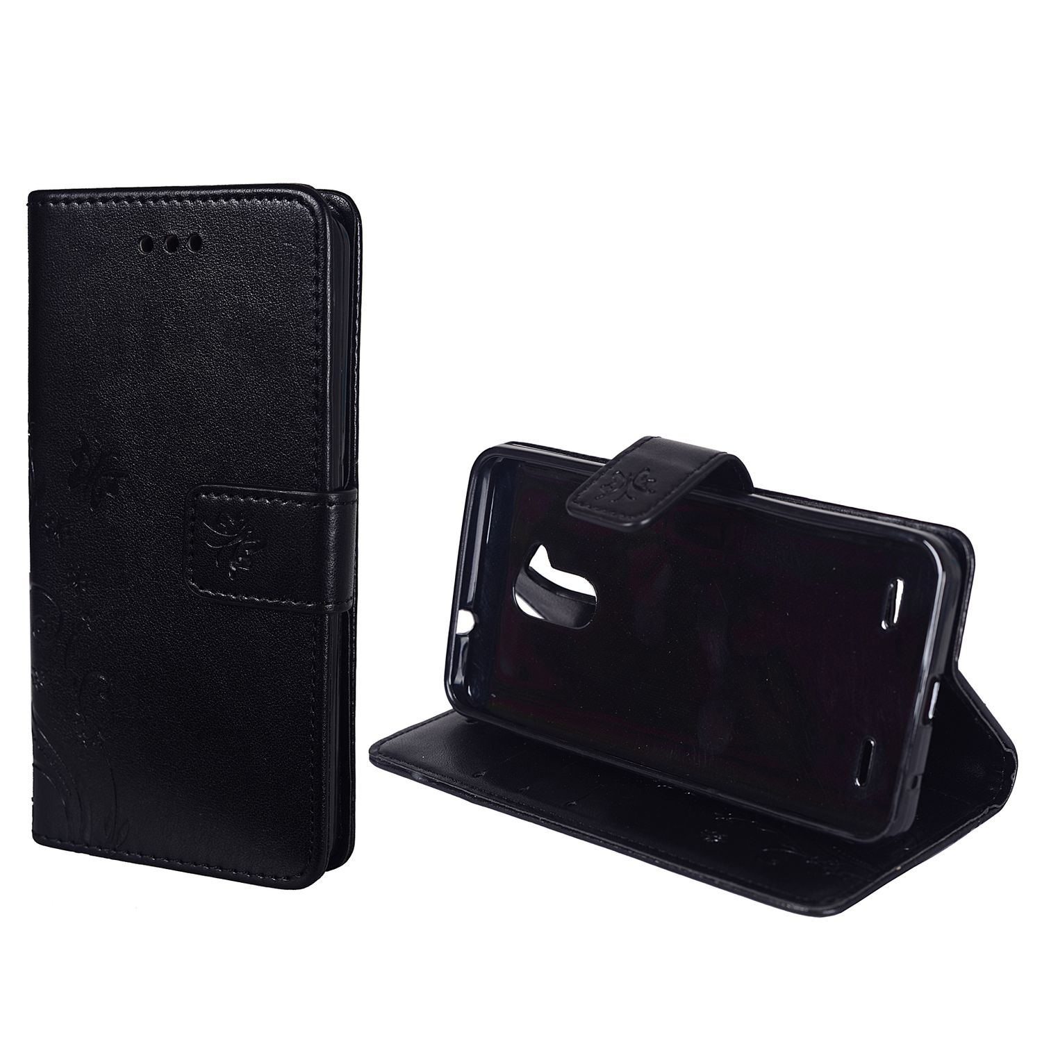 Schwarze Handyhülle mit geprägtem Blumendesign. Das Telefon ist offen, mit einem schwarzen Bildschirm.