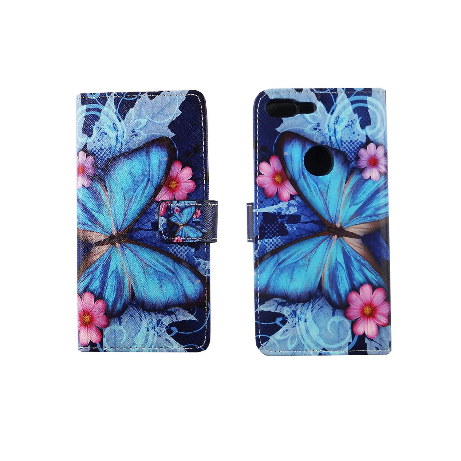Handyhülle mit blauem Schmetterling und rosa Blumen. Sie ist geöffnet, das Telefon ist darin.