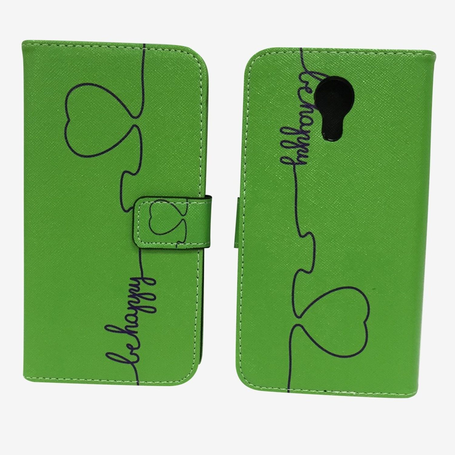 Grüne Handyhülle, Design mit Herzen und Text „be happy“. Schwarze Umrisse, einfaches Design.