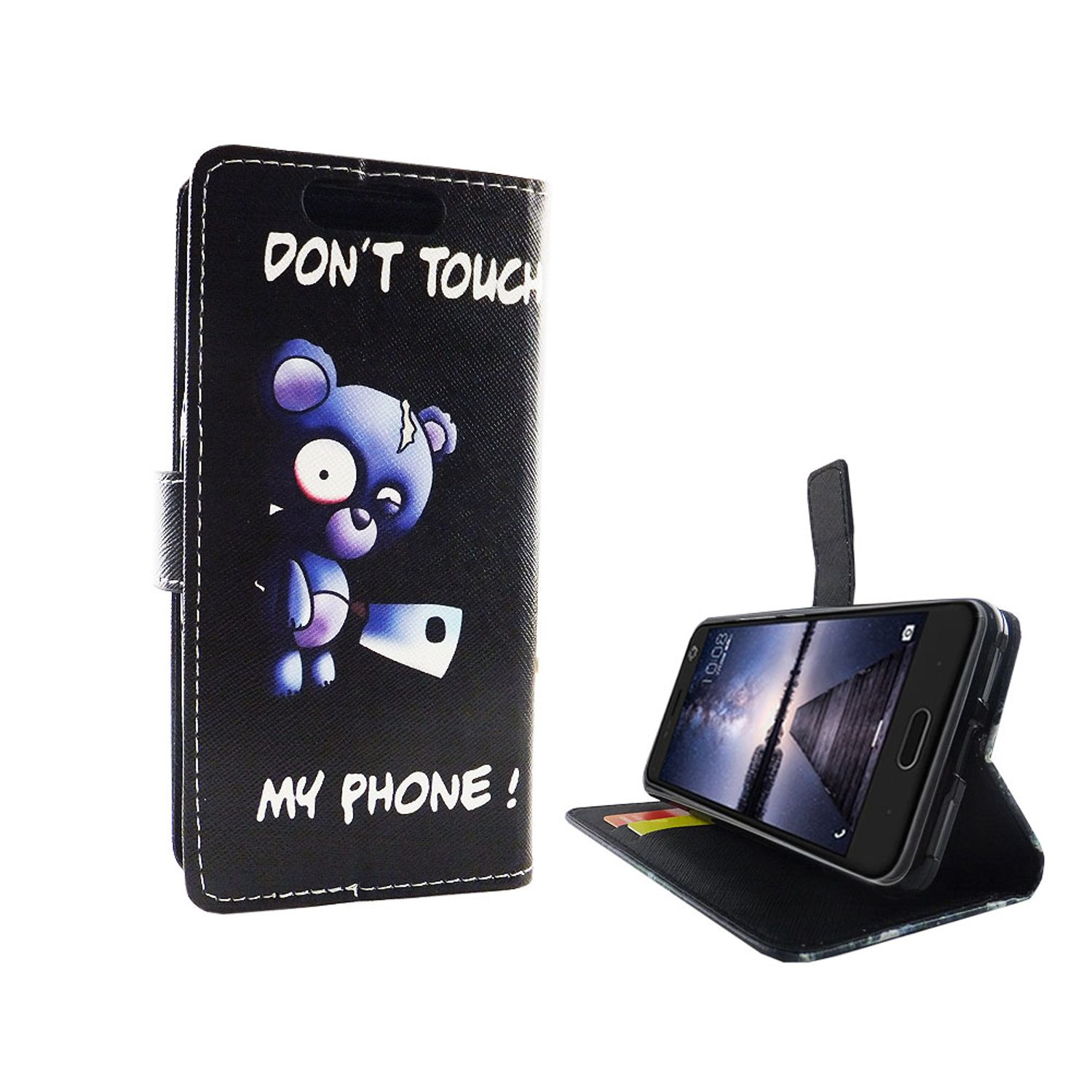 Schwarze Handyhülle mit Cartoon-Bär und Text 'Don't Touch My Phone!' Telefon steht im Ständer.