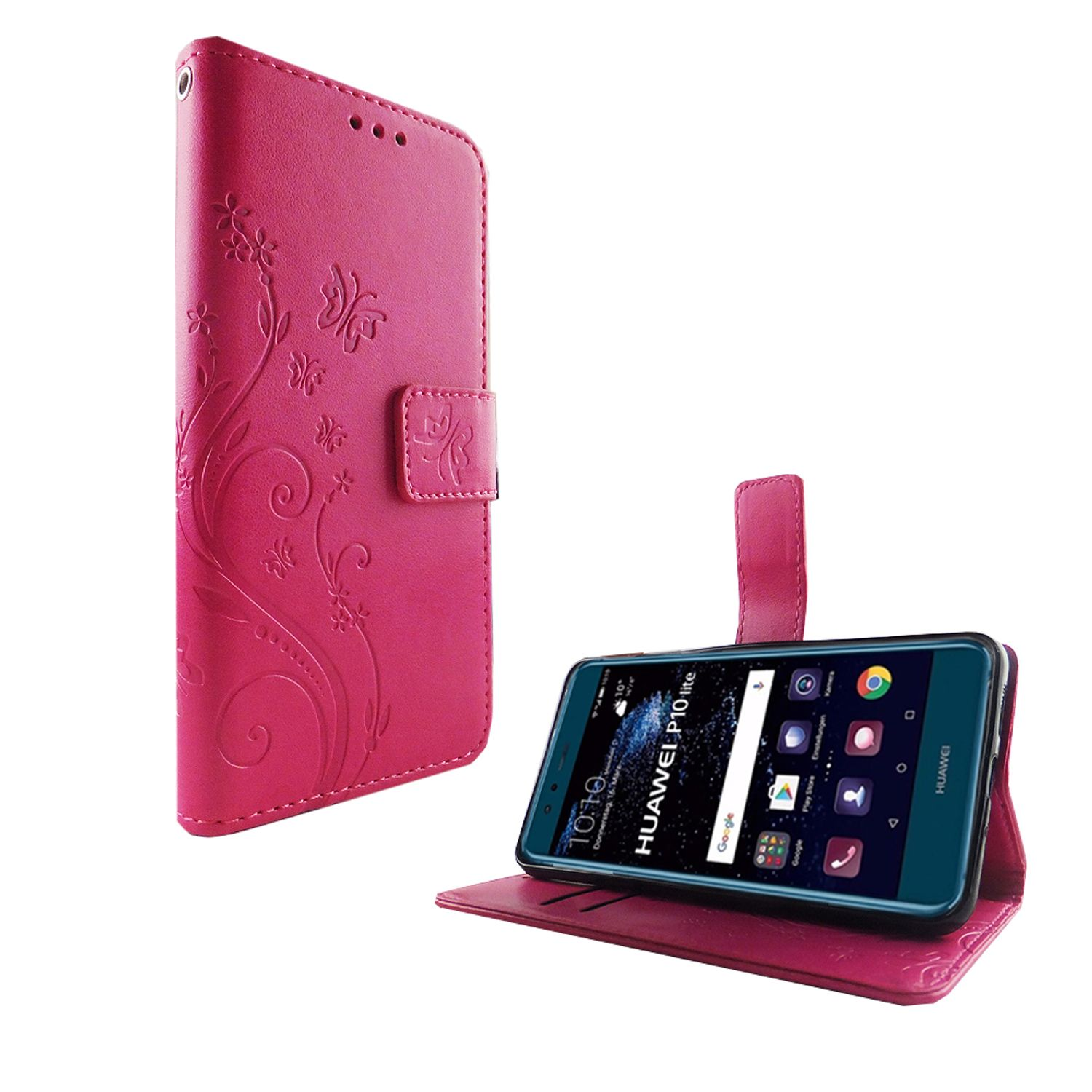 Rosa Handyhülle mit Blumendesign, offen mit einem Telefon auf dem Display.