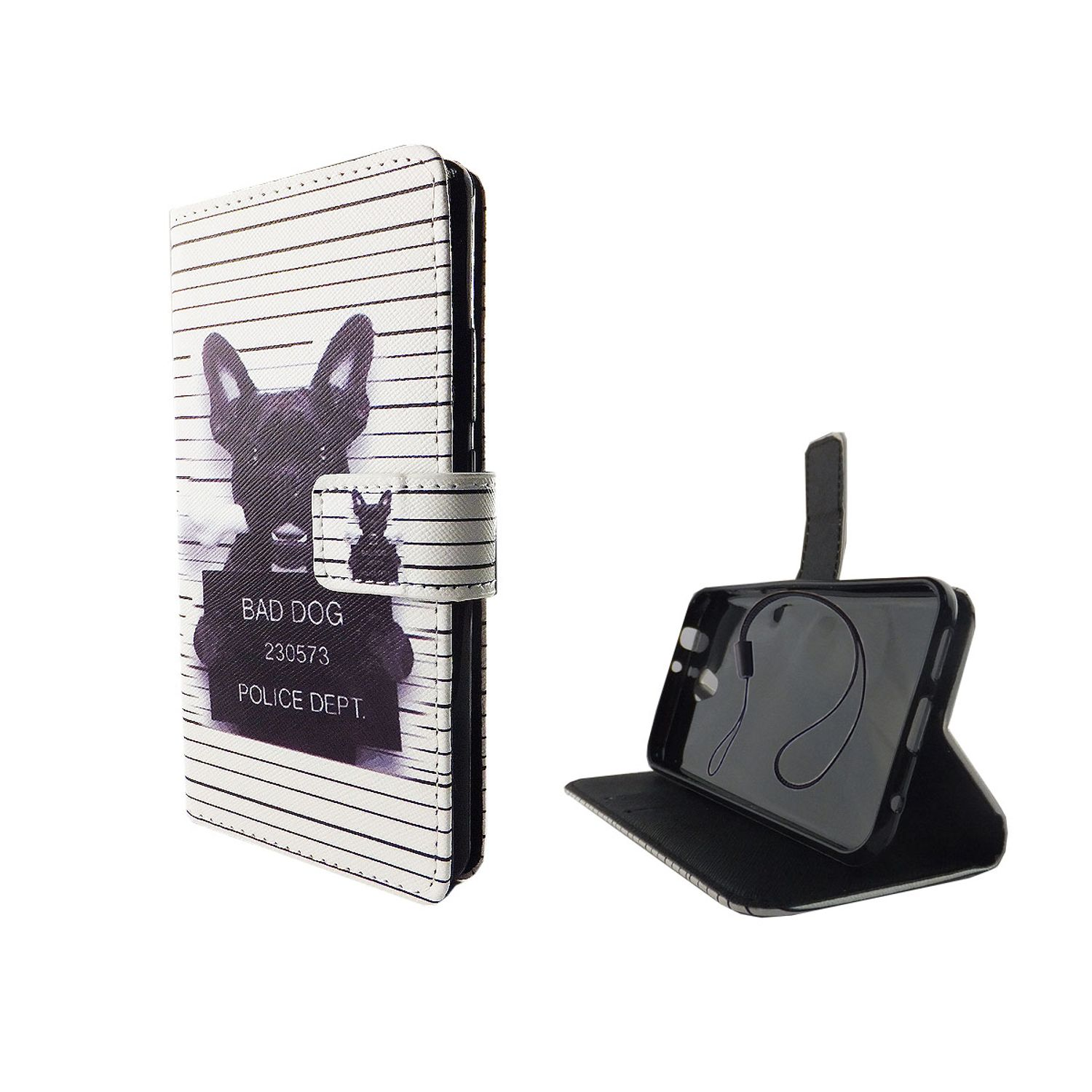 Handyhülle mit einem Hunde-Steckbrief. Text sagt 'BAD DOG' und 'POLICE DEPT'.