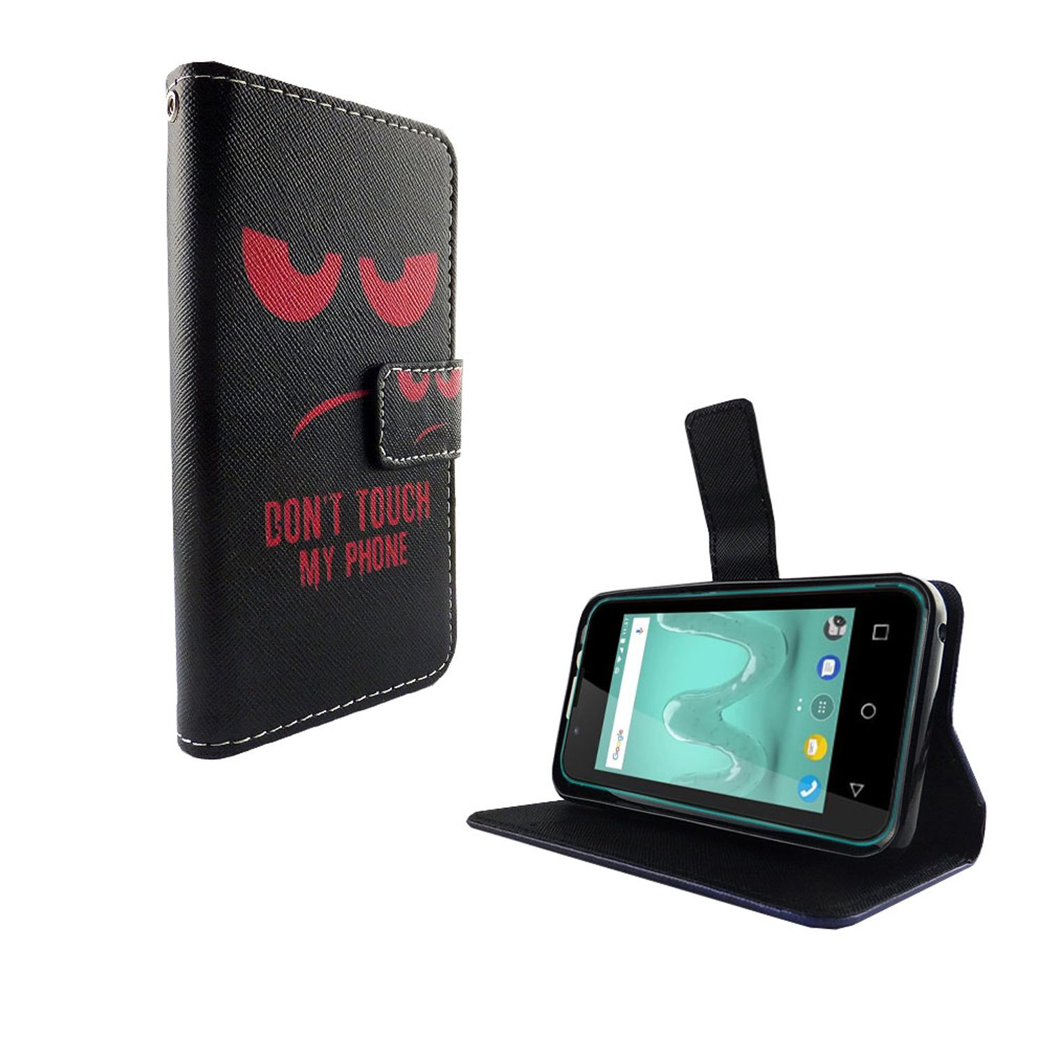 Schwarze Handyhülle mit roten Augen und dem Text "DON'T TOUCH MY PHONE". Ein Telefon ist in einem Case.
