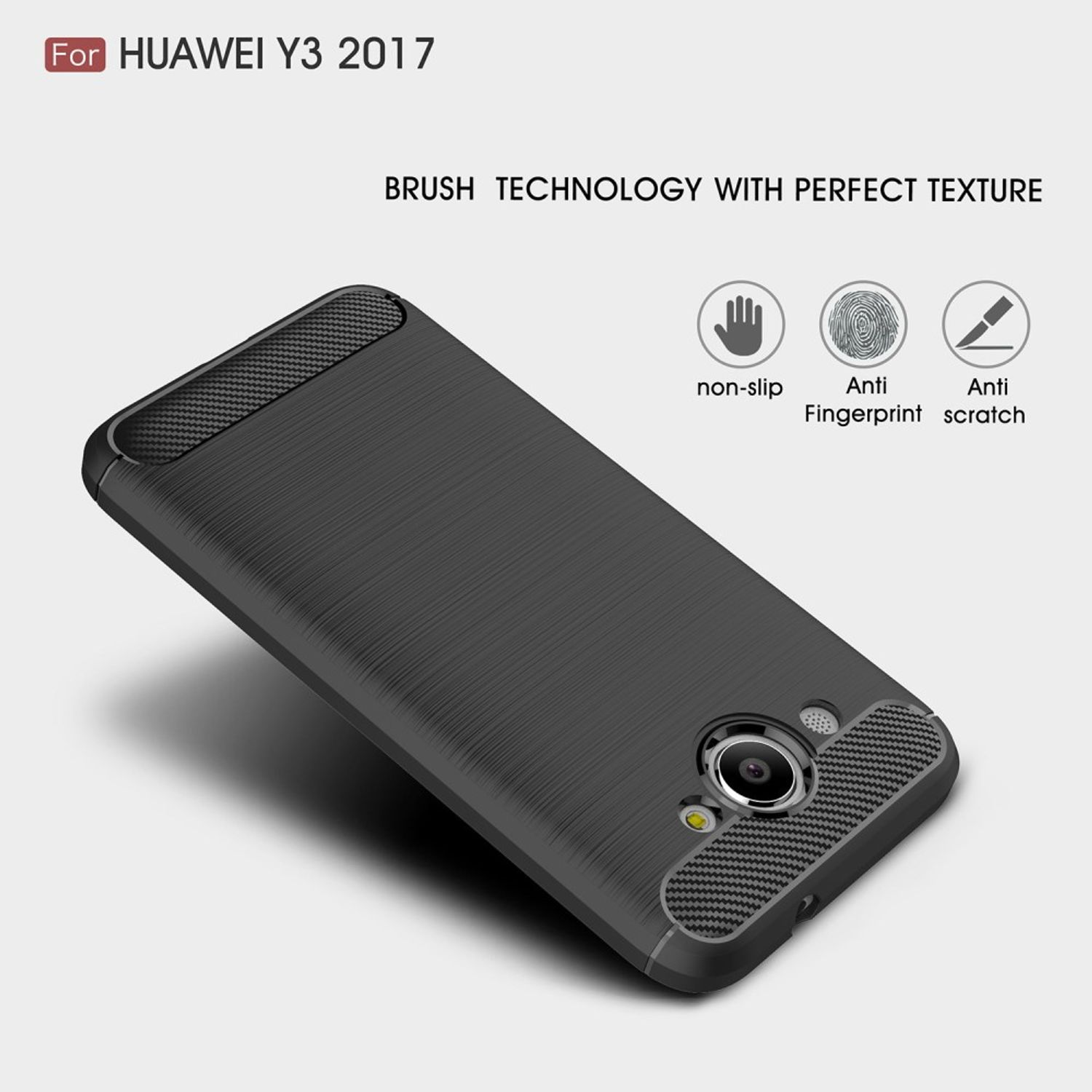 Schwarze Handyhülle mit strukturiertem Design. Text: Für Huawei Y3 2017. Eigenschaften: rutschfest, Anti-Fingerabdruck, Anti-Kratzer.