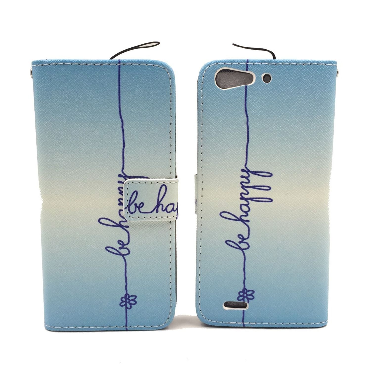 Blaue Handyhülle mit 'be happy' Schriftzug. Unter dem Text eine Blume. Die Hülle ist offen.